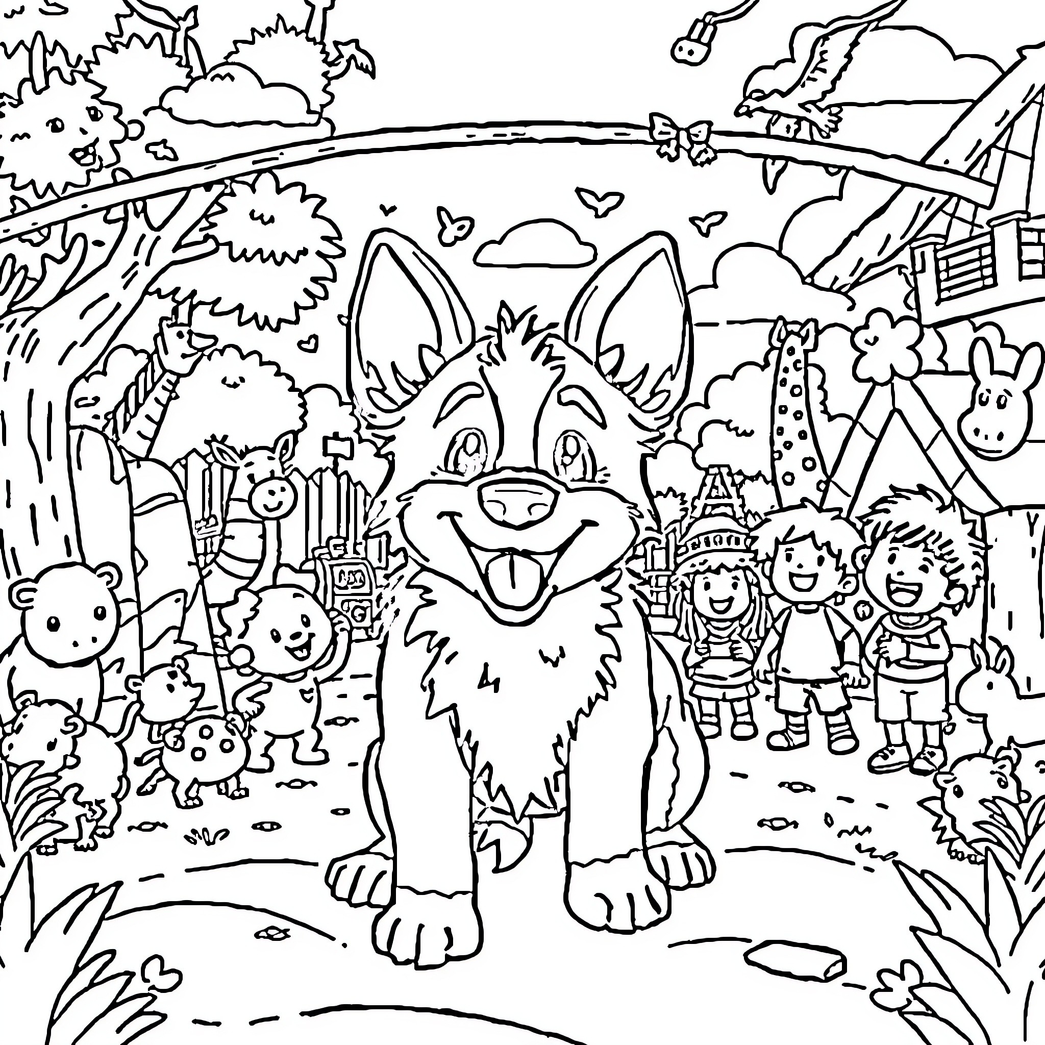 Bluey and friends explore the whimsical outdoor world Coloring Page (free black-and-white line drawing printable PDF for all, from beginners to advanced learners, including children, teens, adults, and seniors)