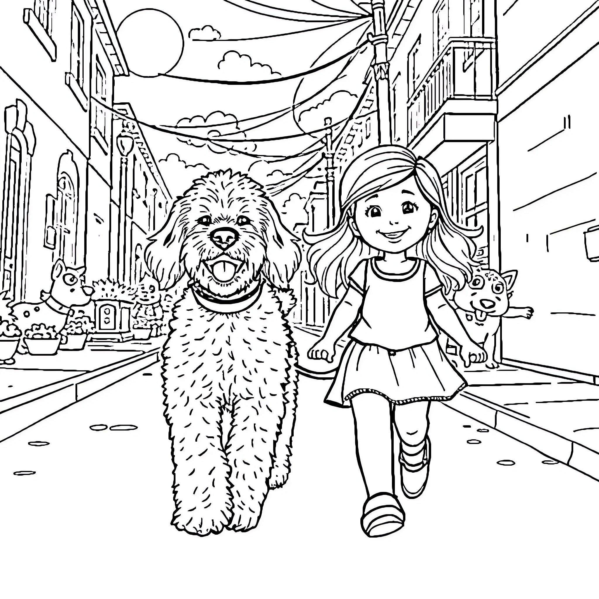 Dog and girl walking happily down the street Coloring Page (free black-and-white line drawing printable PDF for all, from beginners to advanced learners, including children, teens, adults, and seniors)