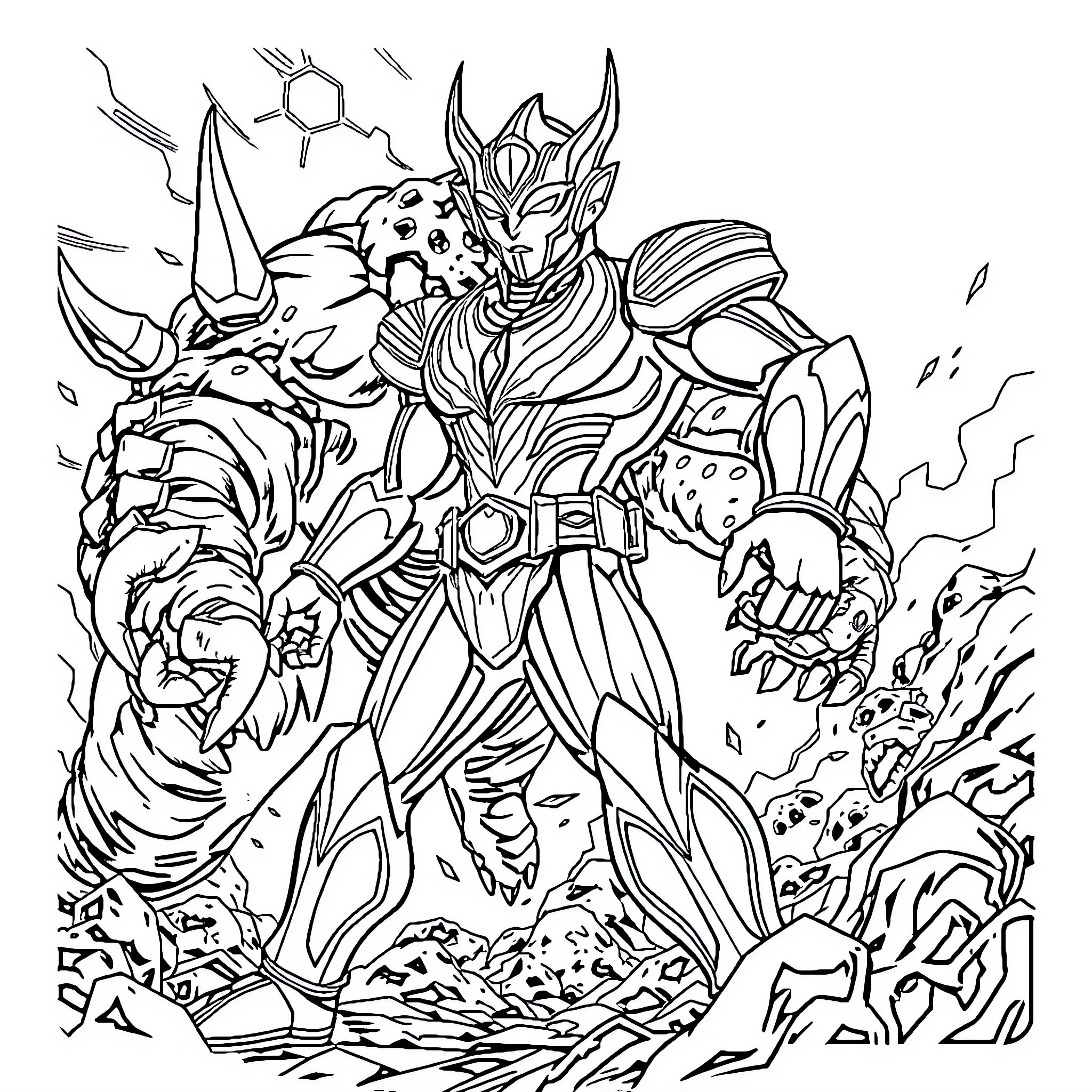 Ultraman battling fierce alien monsters Coloring Page (free black-and-white line drawing printable PDF for all, from beginners to advanced learners, including children, teens, adults, and seniors)