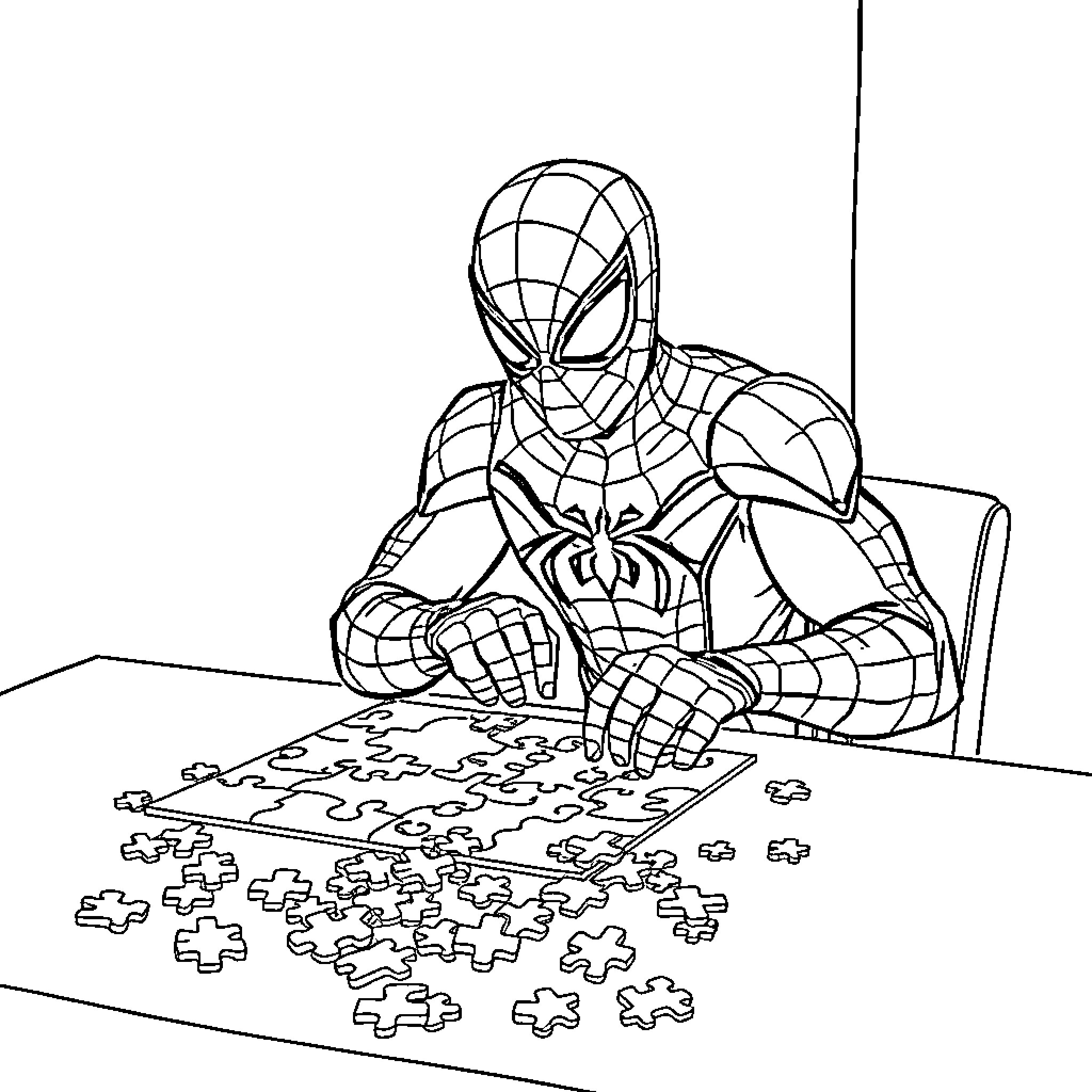 Spiderman working on a jigsaw puzzle Coloring Page (free black-and-white line drawing printable PDF for all, from beginners to advanced learners, including children, teens, adults, and seniors)