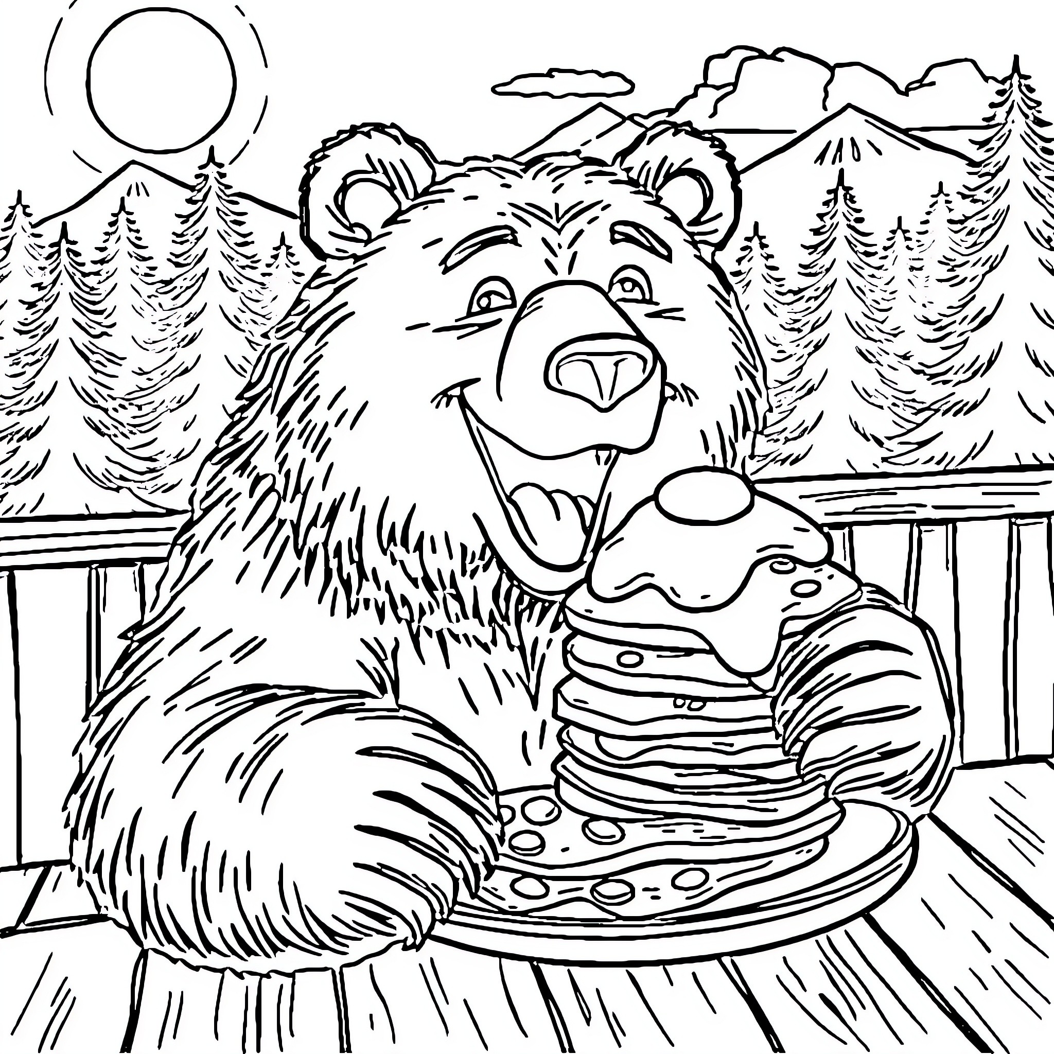 Bear enjoying a delicious pancake breakfast in the wilderness Coloring Page (free black-and-white line drawing printable PDF for all, from beginners to advanced learners, including children, teens, adults, and seniors)