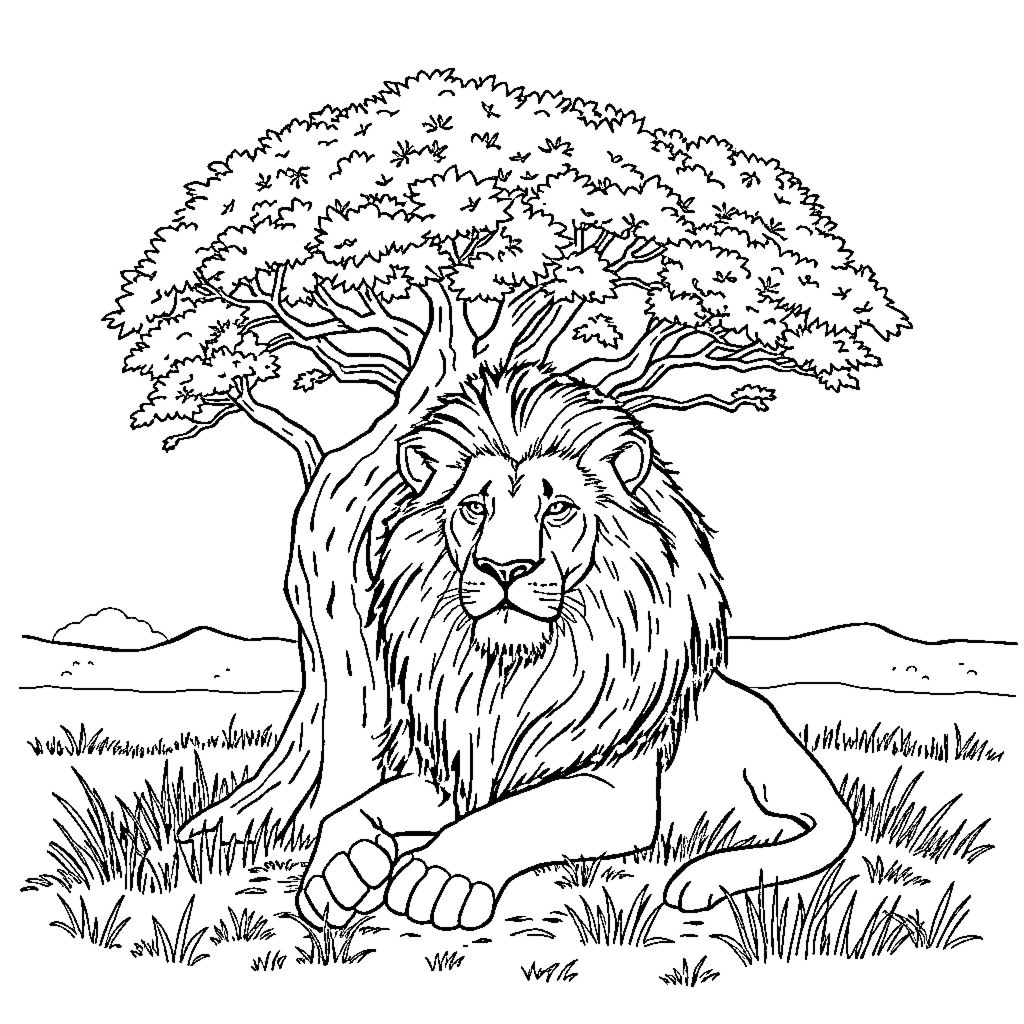 Lion resting under a majestic tree Coloring Page (free black-and-white line drawing printable PDF for all, from beginners to advanced learners, including children, teens, adults, and seniors)