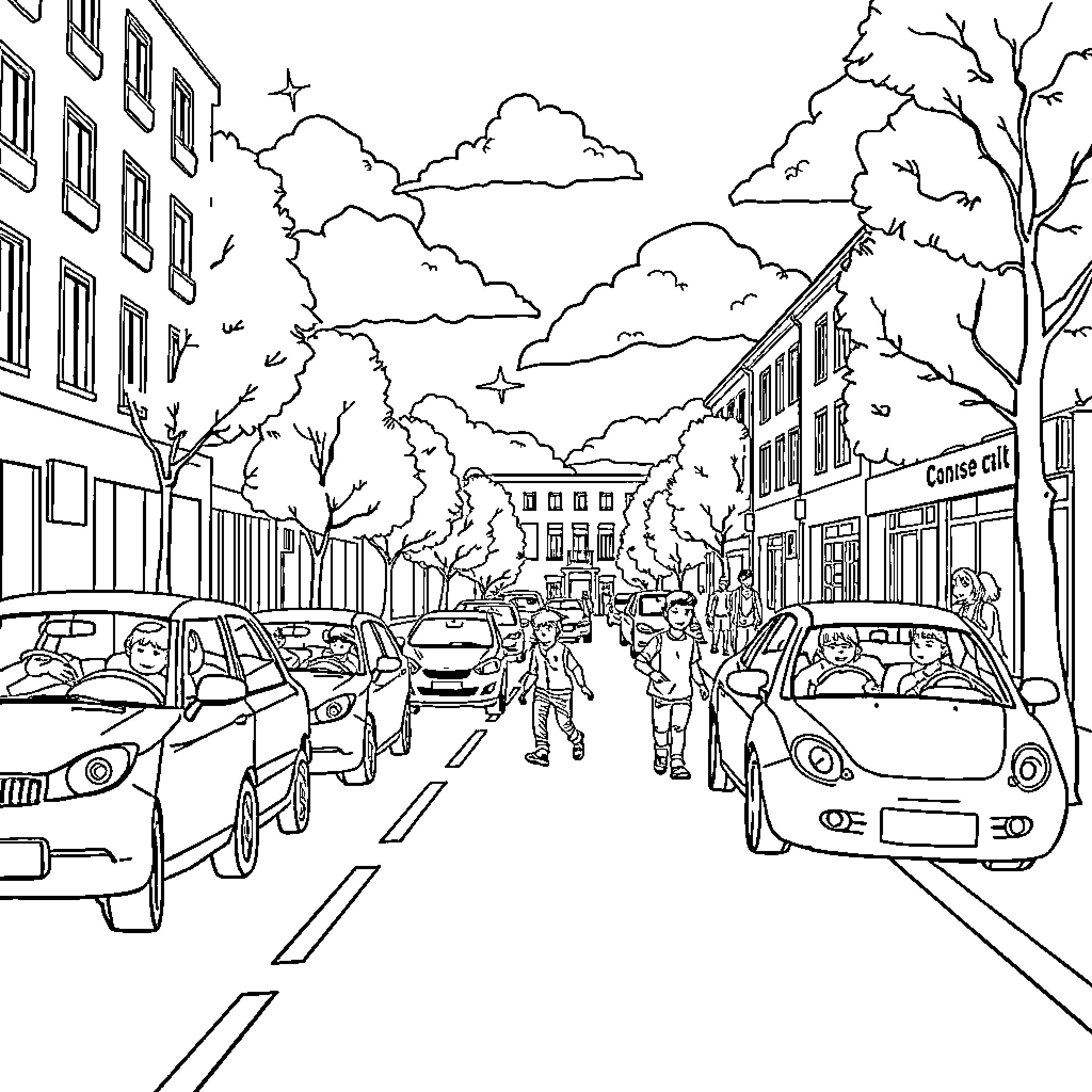 Auto Bustling City Street with People and Vehicles Coloring Page (free black-and-white line drawing printable PDF for all, from beginners to advanced learners, including children, teens, adults, and seniors)