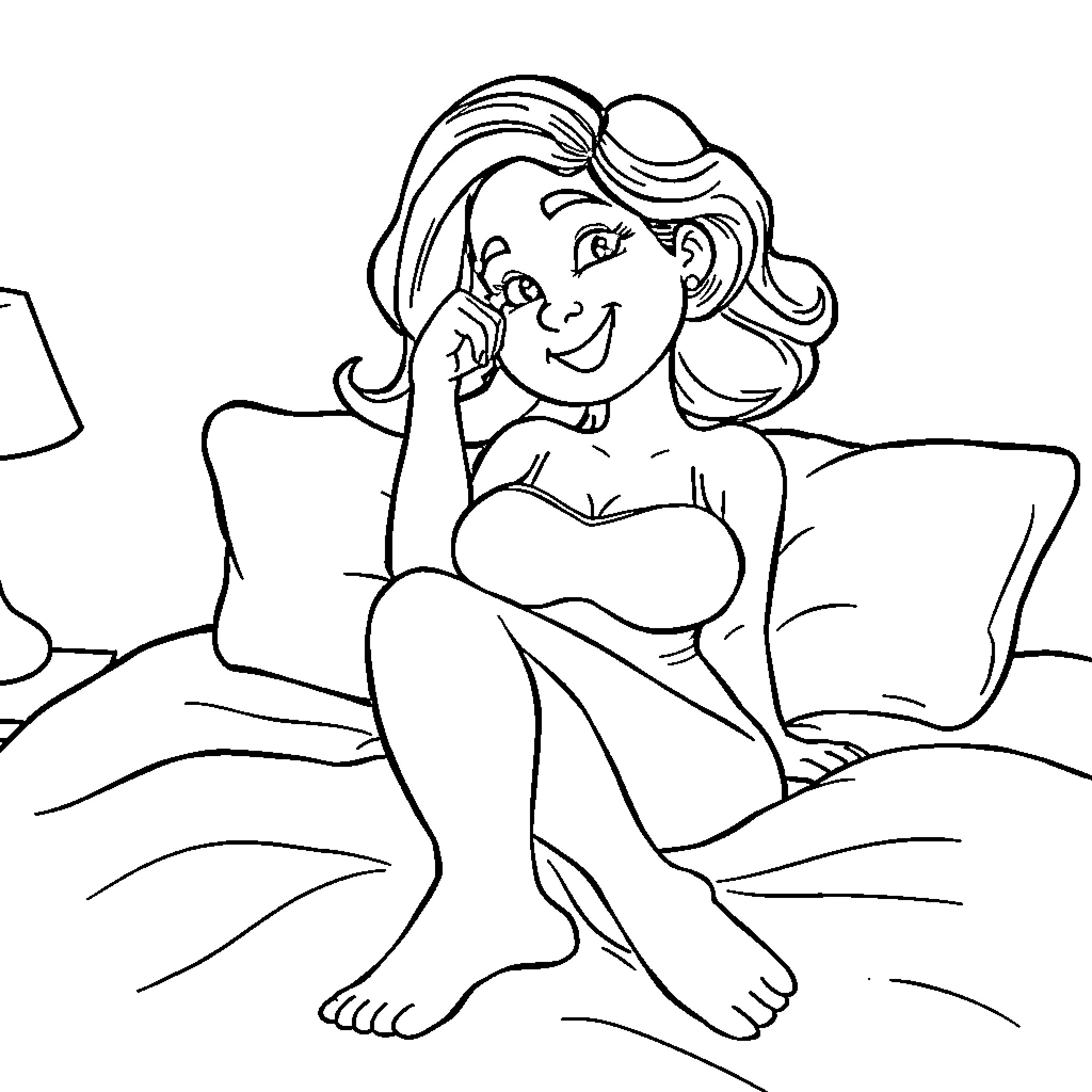 Mom lounging comfortably on the bed Coloring Page (free black-and-white line drawing printable PDF for all, from beginners to advanced learners, including children, teens, adults, and seniors)
