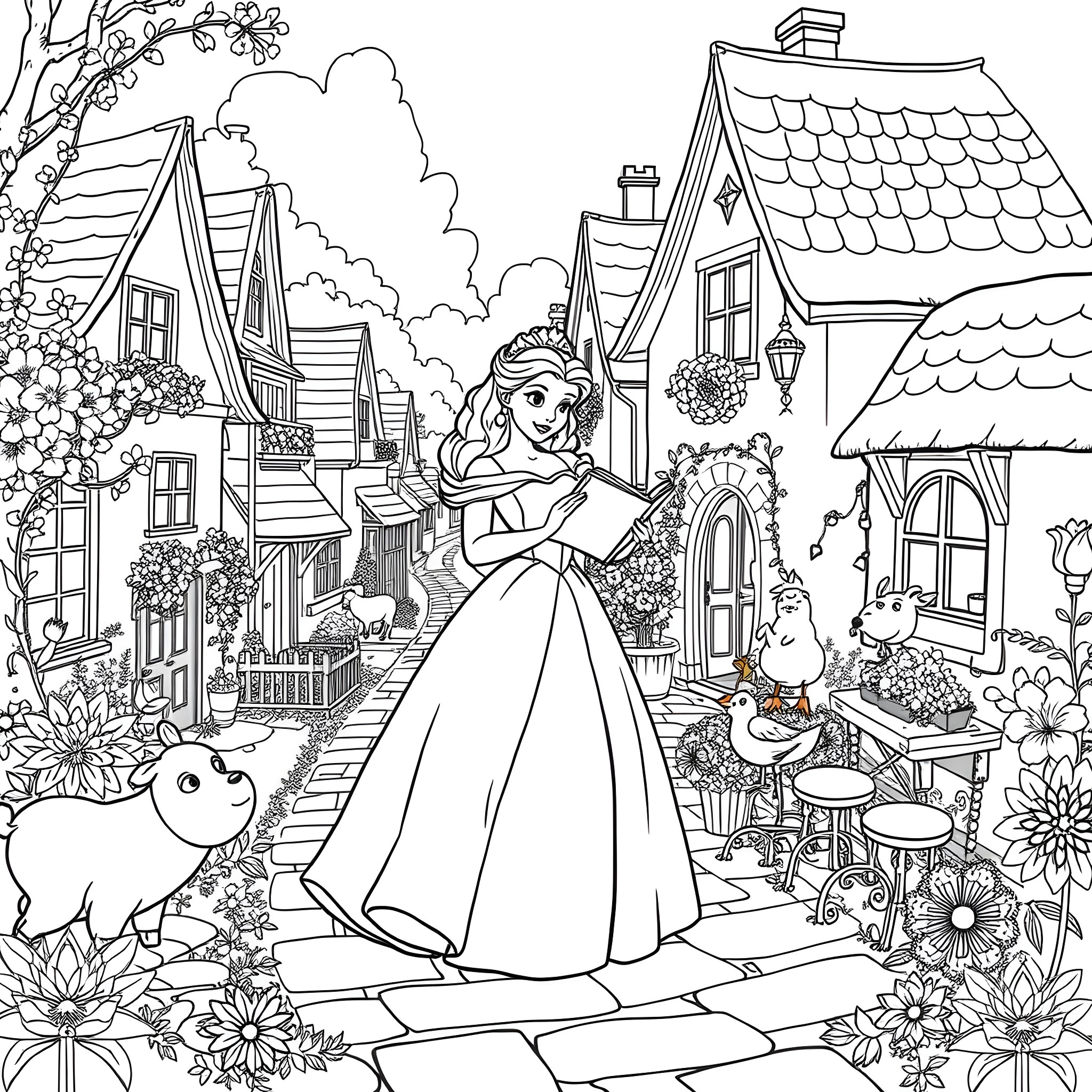 Belle enjoying a peaceful day in the village Coloring Page (free black-and-white line drawing printable PDF for all, from beginners to advanced learners, including children, teens, adults, and seniors)
