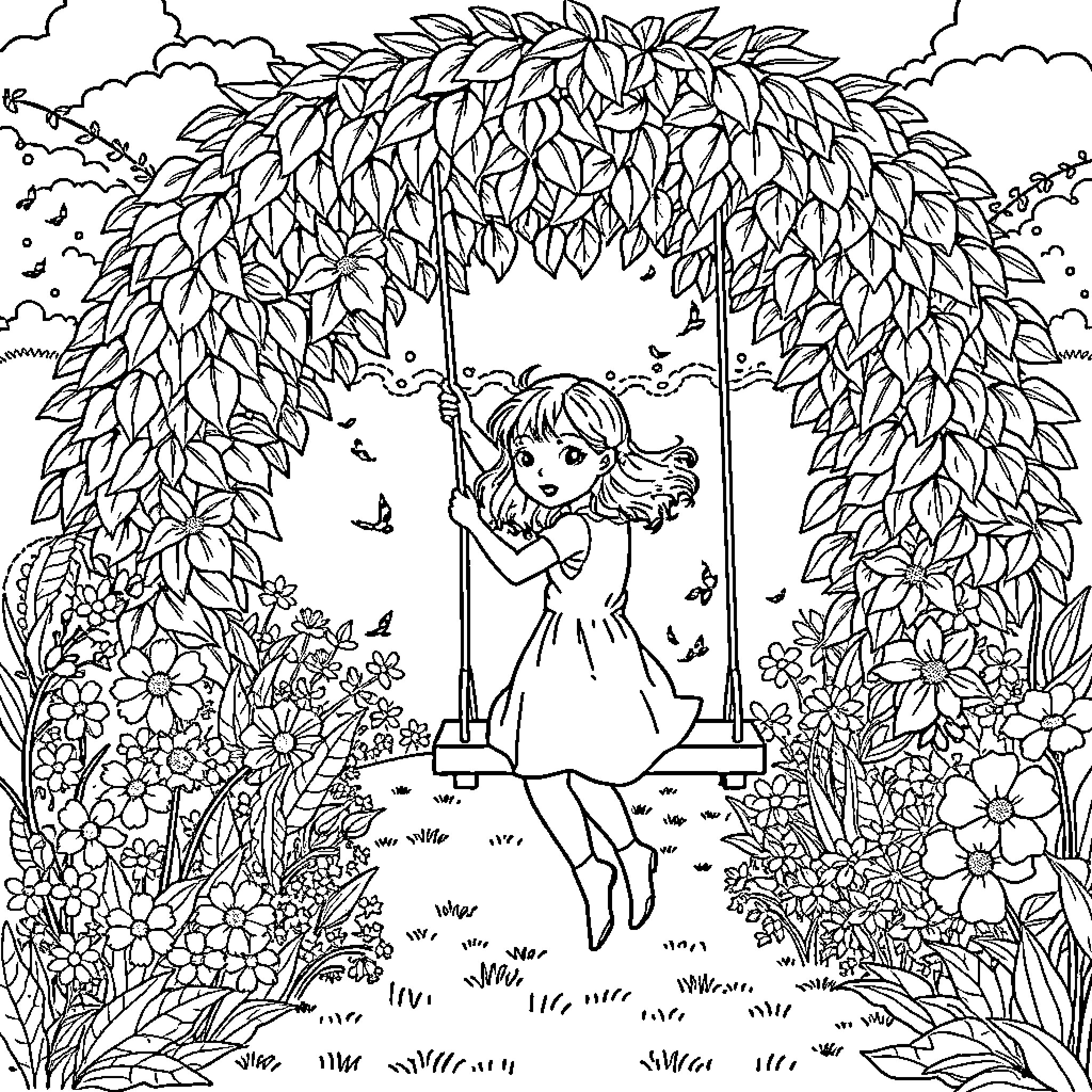 Girl enjoying a peaceful swing in the garden Coloring Page (free black-and-white line drawing printable PDF for all, from beginners to advanced learners, including children, teens, adults, and seniors)