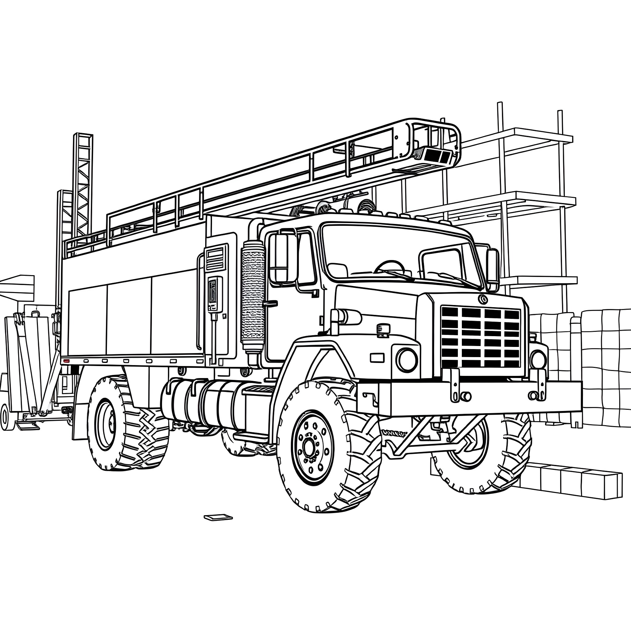 Utility Truck Carrying Cargo on Construction Site Coloring Page (free black-and-white line drawing printable PDF for all, from beginners to advanced learners, including children, teens, adults, and seniors)