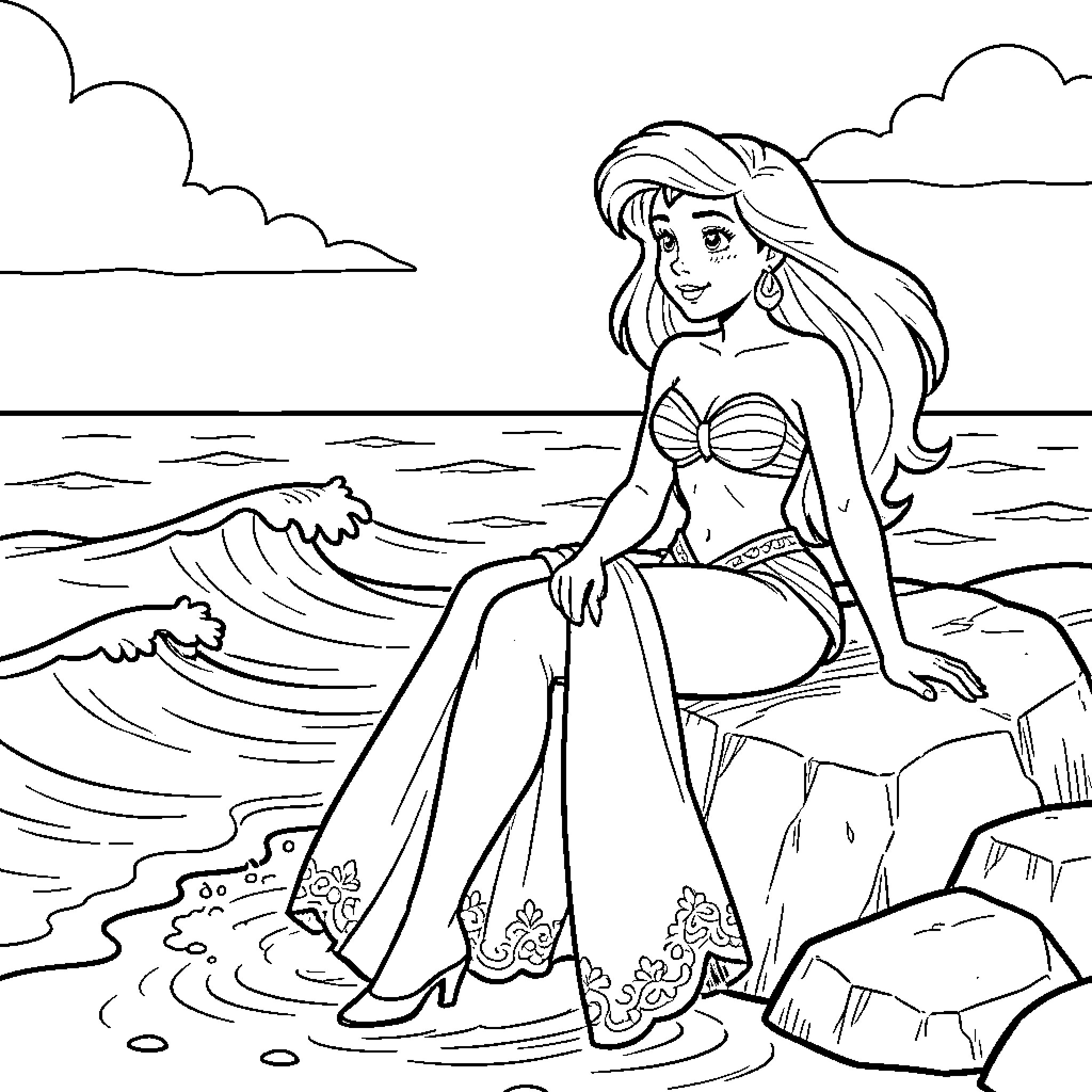 Ariel sitting gracefully on a rock by the sea Coloring Page (free black-and-white line drawing printable PDF for all, from beginners to advanced learners, including children, teens, adults, and seniors)