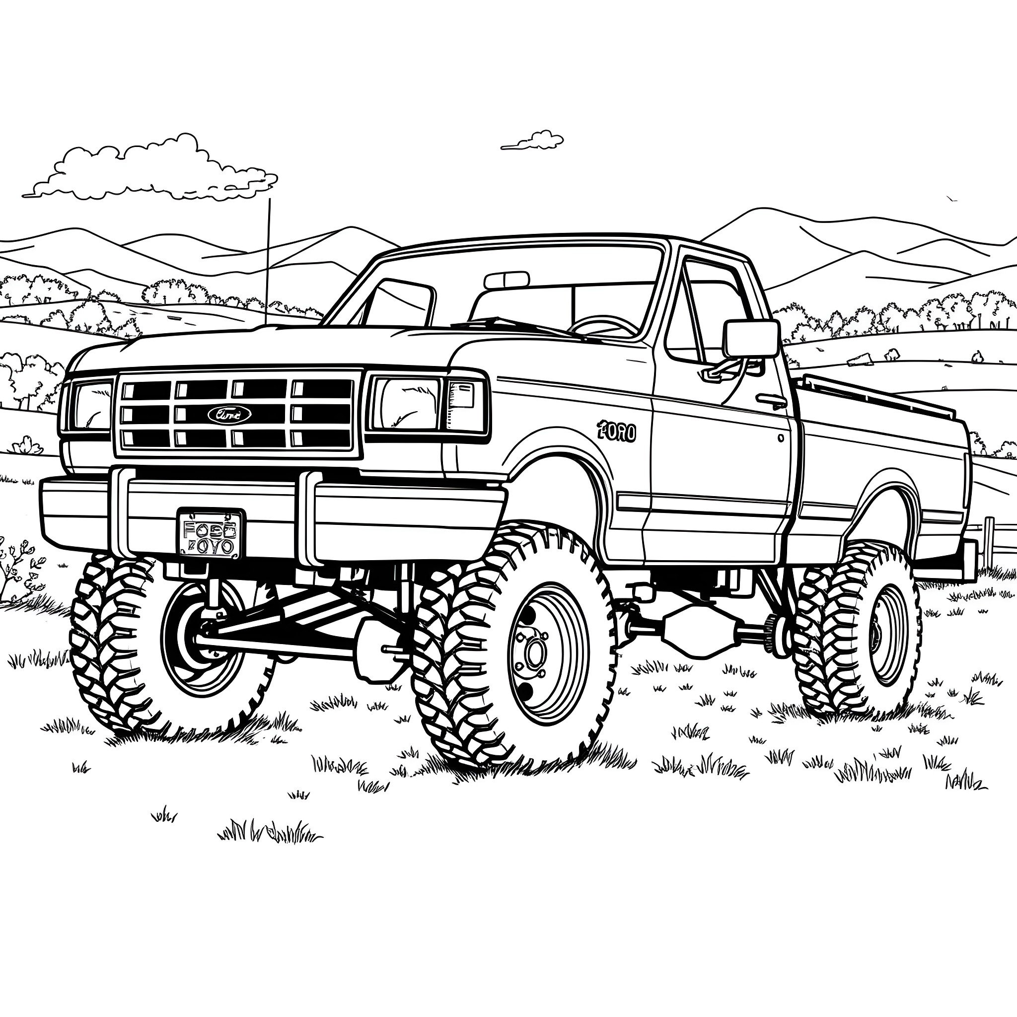 F-250 Rugged Truck Navigating Rough Terrain Coloring Page (free black-and-white line drawing printable PDF for all, from beginners to advanced learners, including children, teens, adults, and seniors)