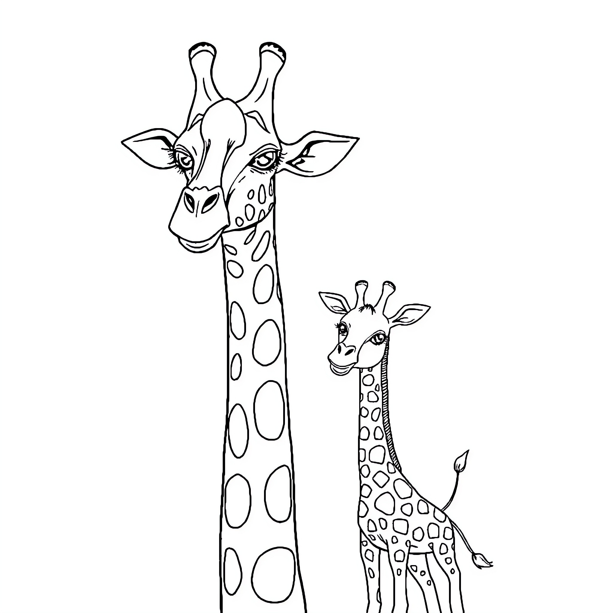 Giraffe and baby giraffe in monochrome illustration Coloring Page (free black-and-white line drawing printable PDF for all, from beginners to advanced learners, including children, teens, adults, and seniors)