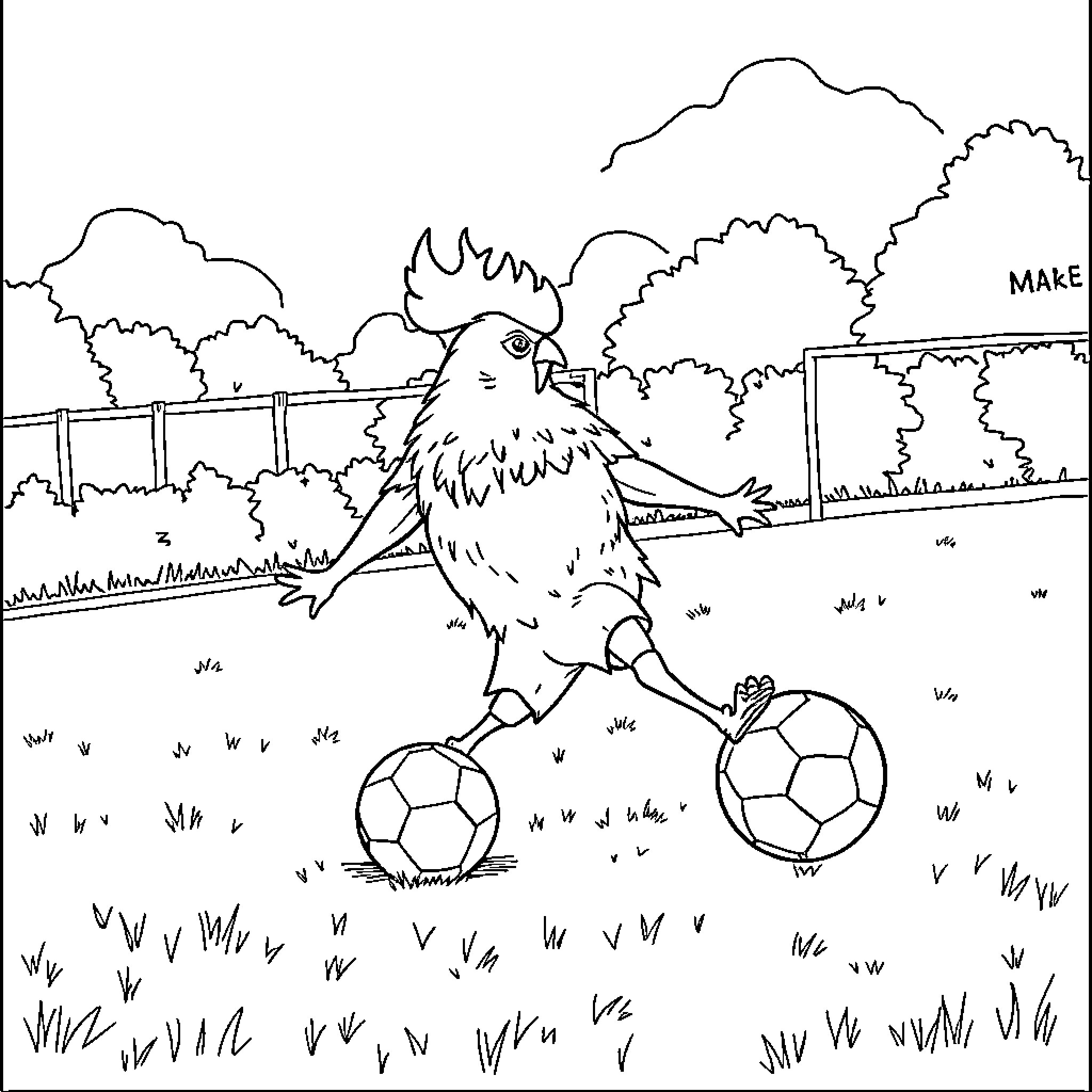 Egg-shaped bird playing with soccer balls in a park Coloring Page (free black-and-white line drawing printable PDF for all, from beginners to advanced learners, including children, teens, adults, and seniors)