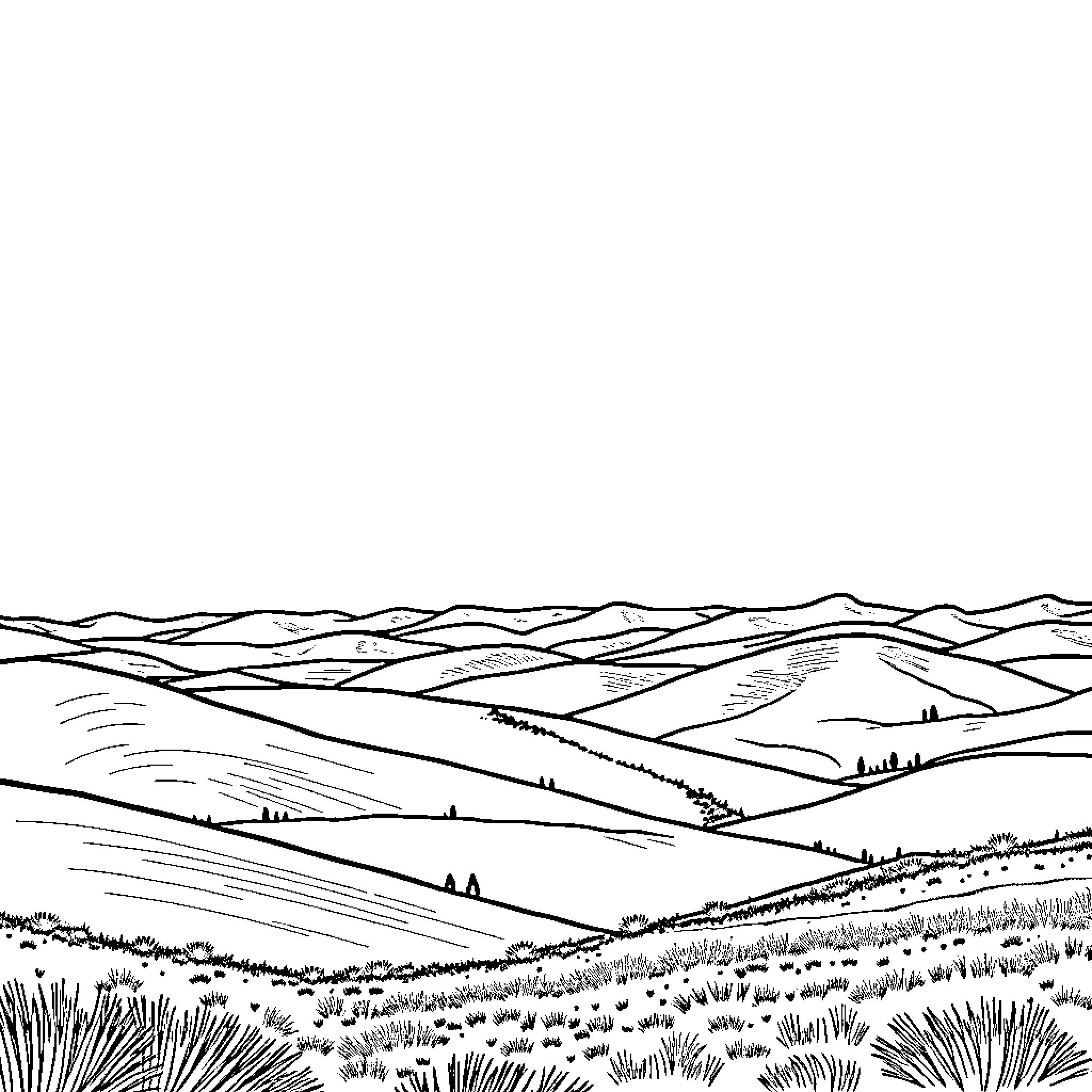 Landscape of rugged hills and fields Coloring Page (free black-and-white line drawing printable PDF for all, from beginners to advanced learners, including children, teens, adults, and seniors)