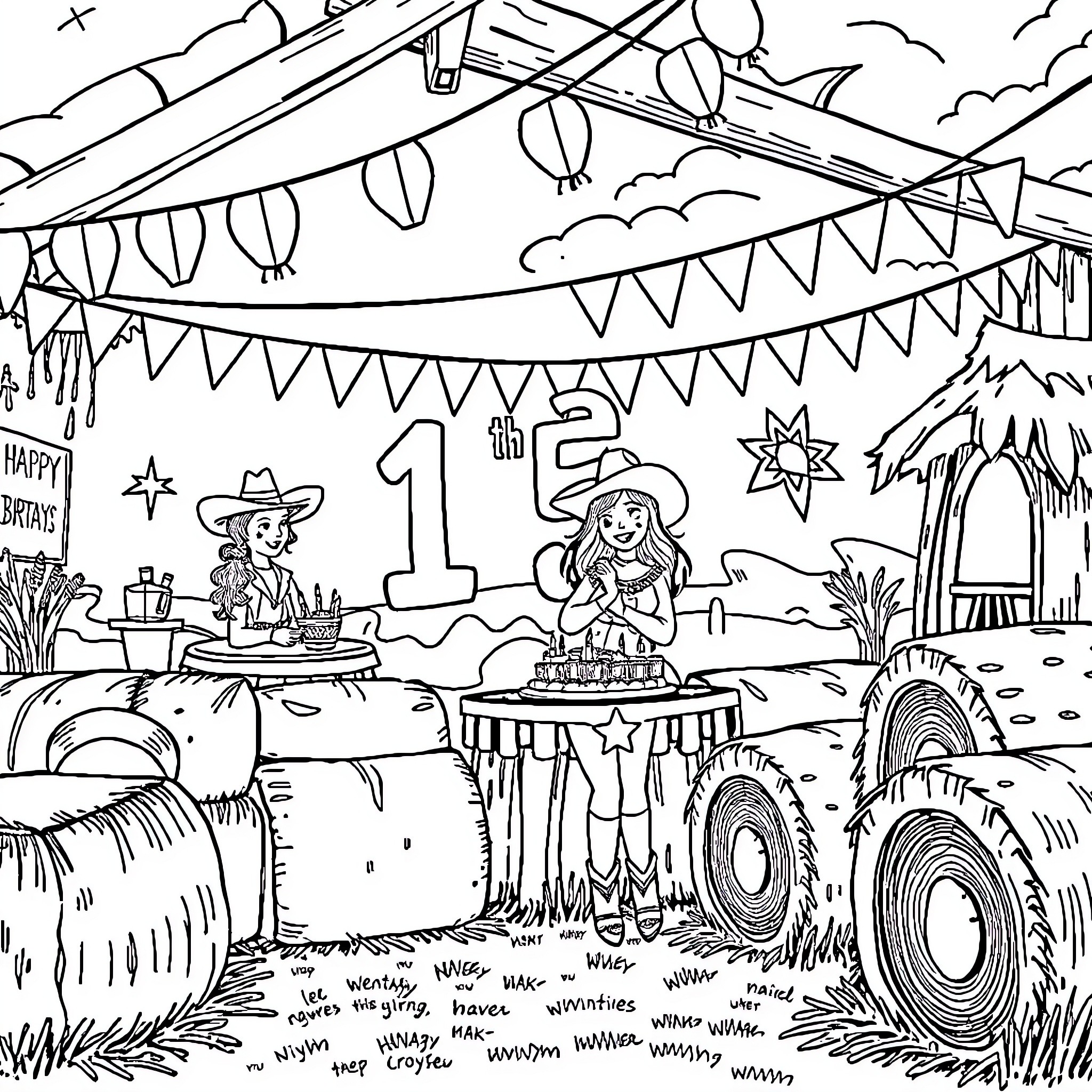 Cowgirl celebrates 1st birthday at rustic outdoor party Coloring Page (free black-and-white line drawing printable PDF for all, from beginners to advanced learners, including children, teens, adults, and seniors)