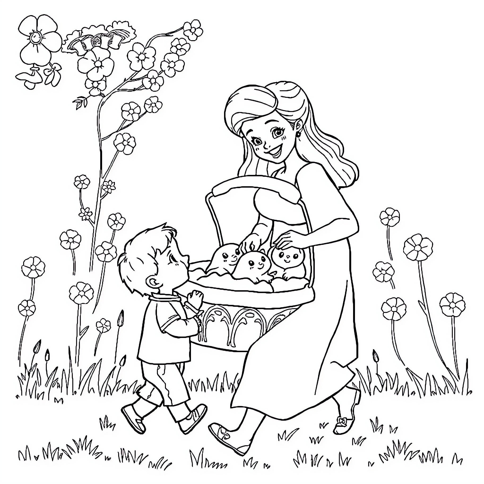 Woman caring for children in a flower garden Coloring Page (free black-and-white line drawing printable PDF for all, from beginners to advanced learners, including children, teens, adults, and seniors)