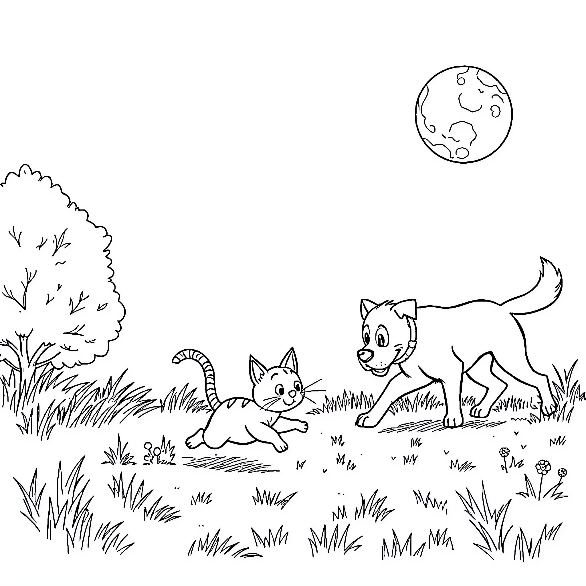 Cats exploring the natural landscape at night Coloring Page (free black-and-white line drawing printable PDF for all, from beginners to advanced learners, including children, teens, adults, and seniors)