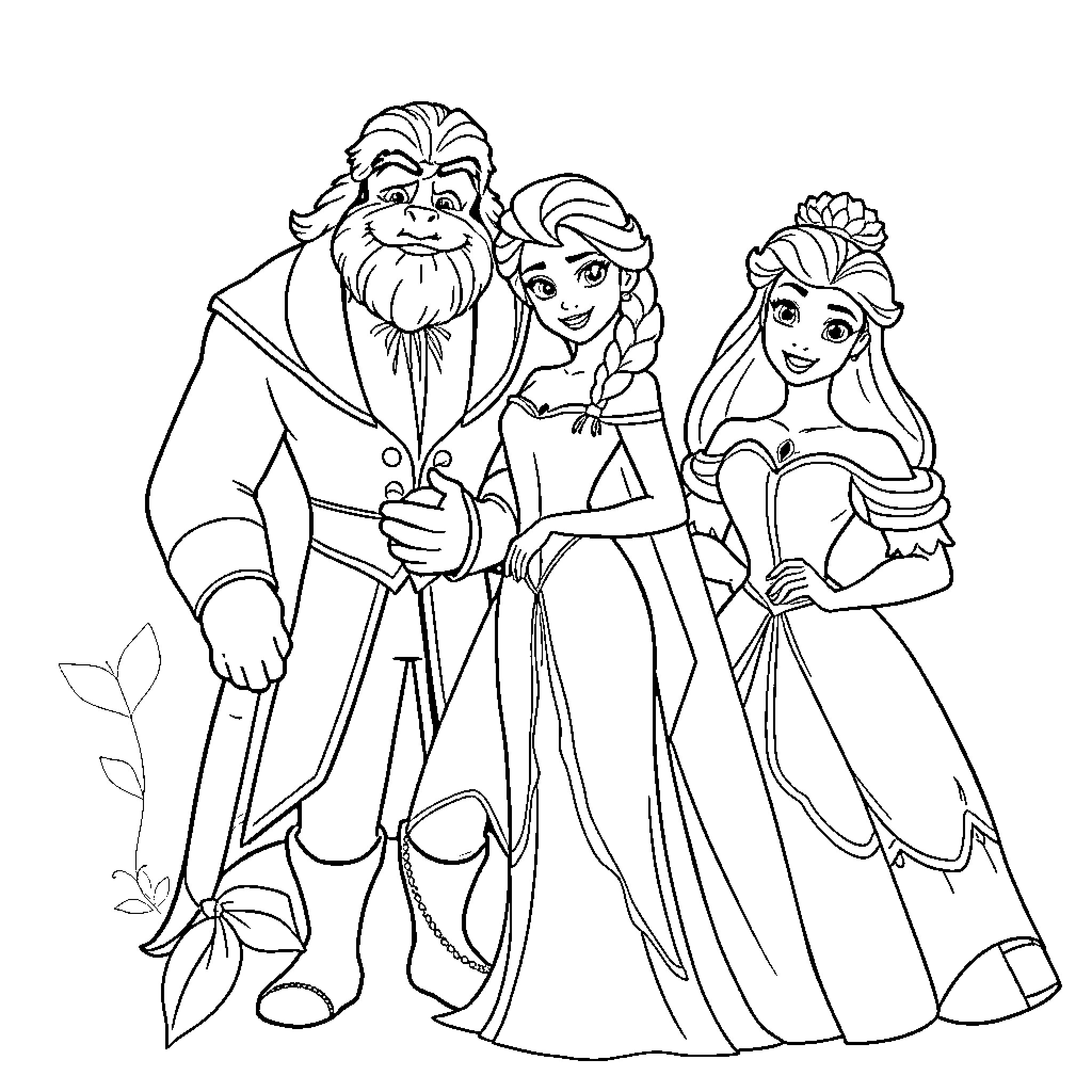 Disney Princess Royal Family Portrait Coloring Page (free black-and-white line drawing printable PDF for all, from beginners to advanced learners, including children, teens, adults, and seniors)