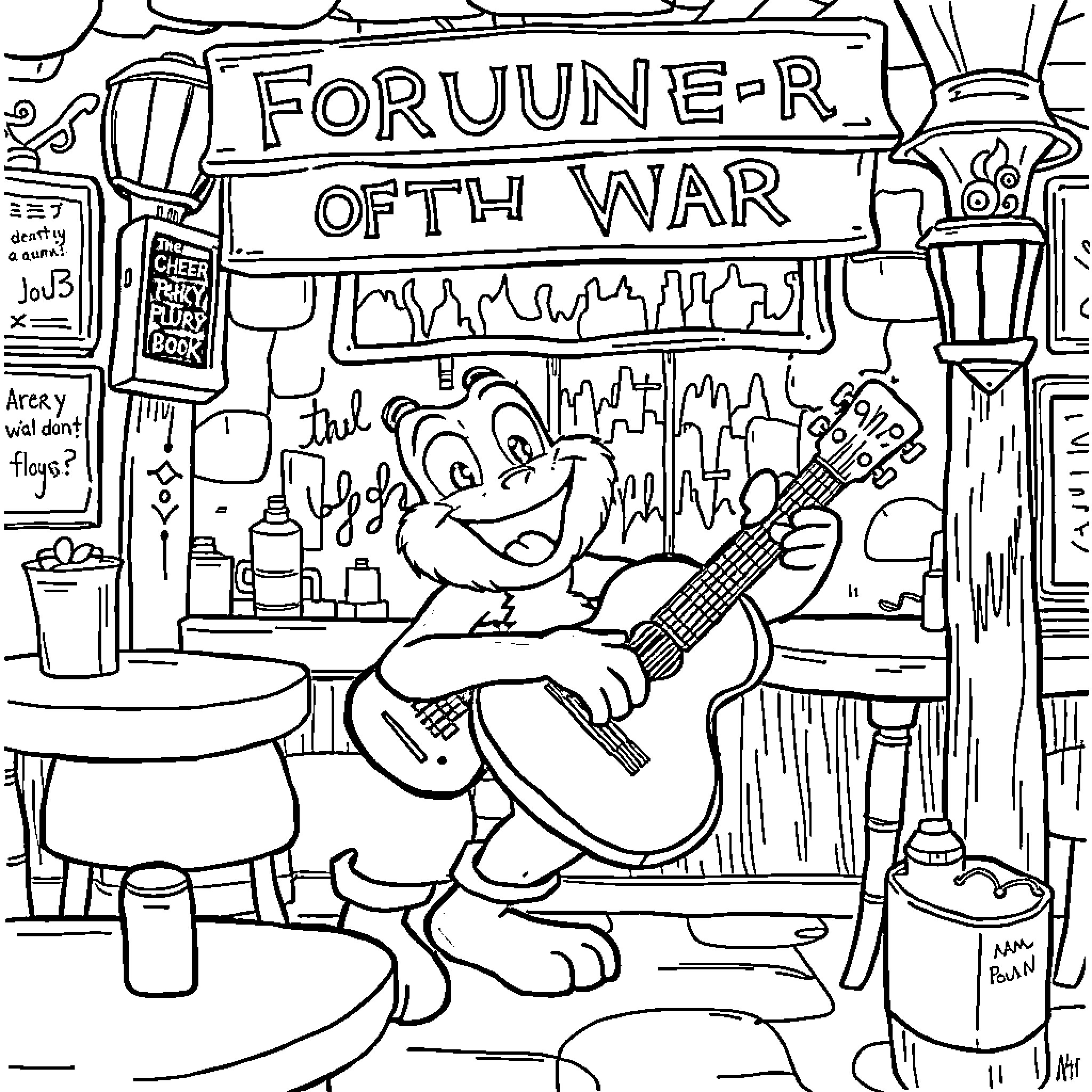 Bluey Playing Music at the Forunner of the War Coloring Page (free black-and-white line drawing printable PDF for all, from beginners to advanced learners, including children, teens, adults, and seniors)