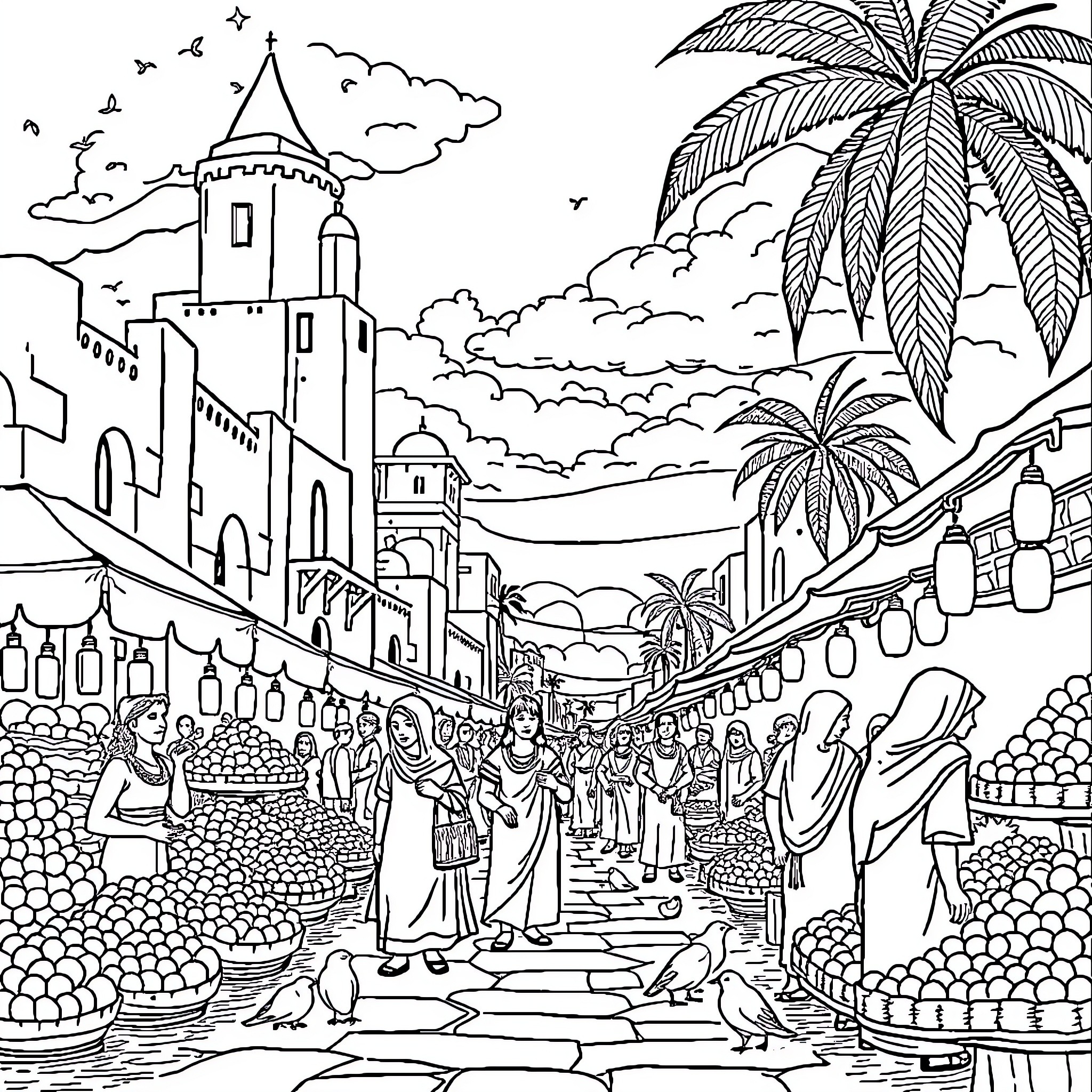 Medieval Life in a Bustling Market Town Coloring Page (free black-and-white line drawing printable PDF for all, from beginners to advanced learners, including children, teens, adults, and seniors)