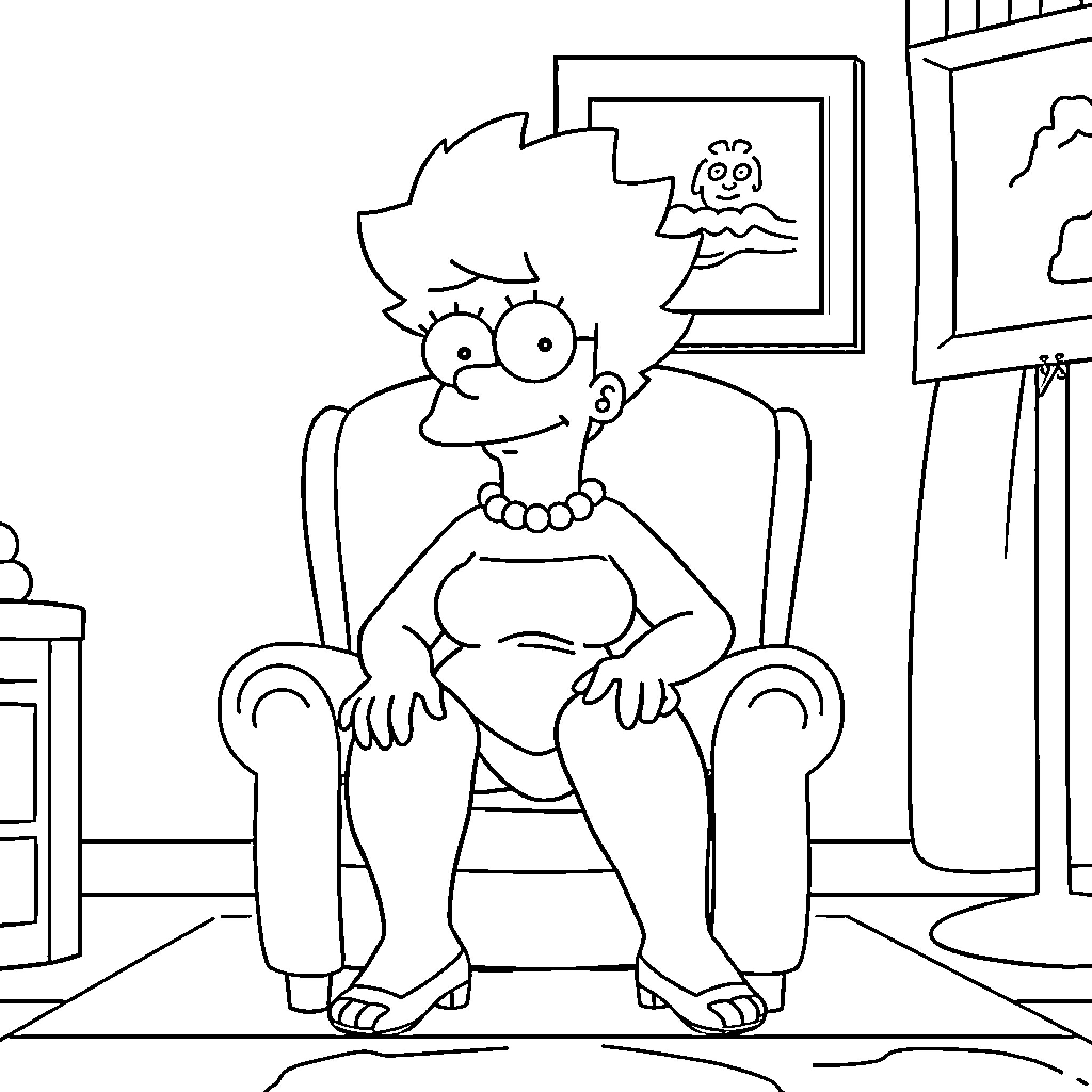 Marge Simpson relaxing in her home Coloring Page (free black-and-white line drawing printable PDF for all, from beginners to advanced learners, including children, teens, adults, and seniors)