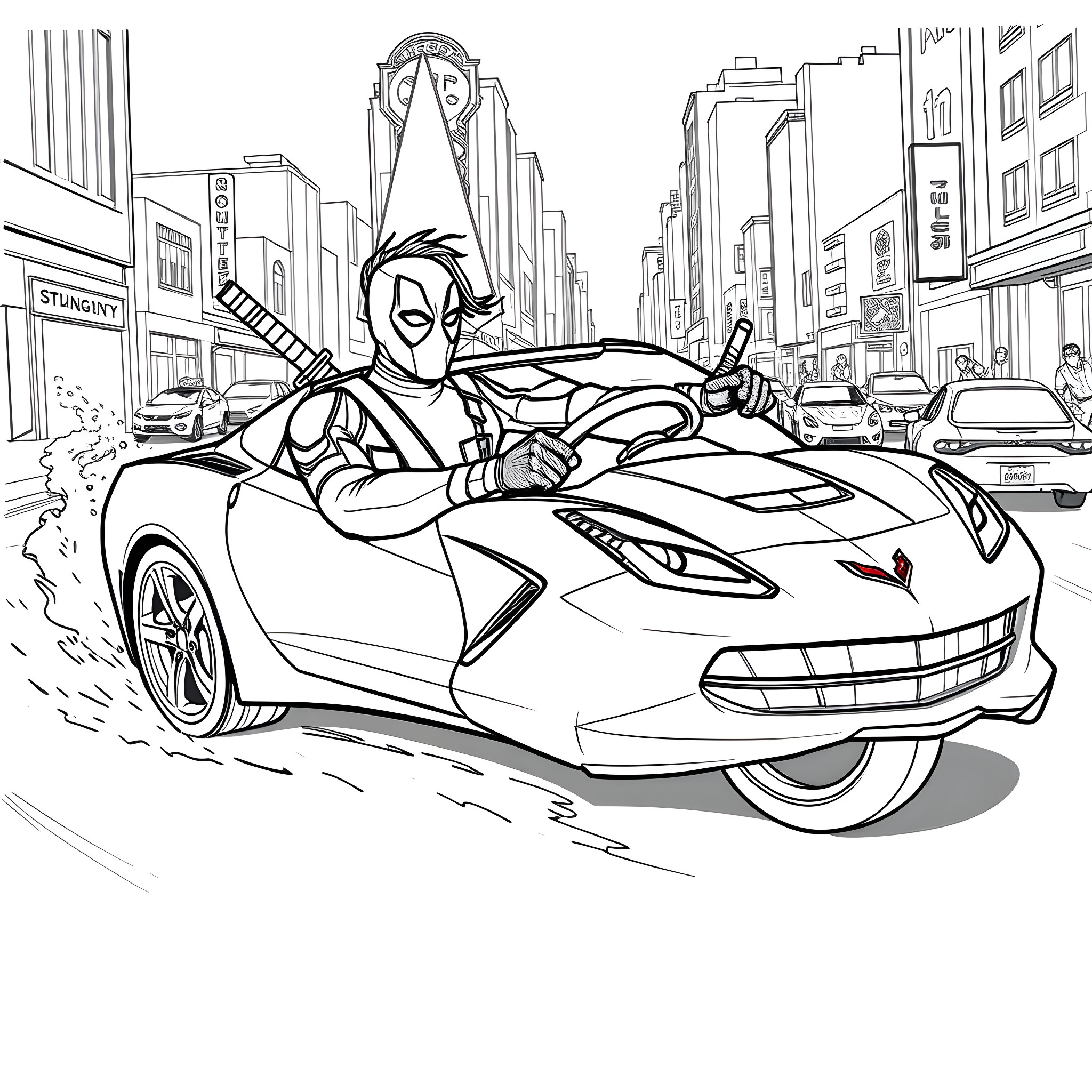 Deadpool driving a sports car through the city Coloring Page (free black-and-white line drawing printable PDF for all, from beginners to advanced learners, including children, teens, adults, and seniors)