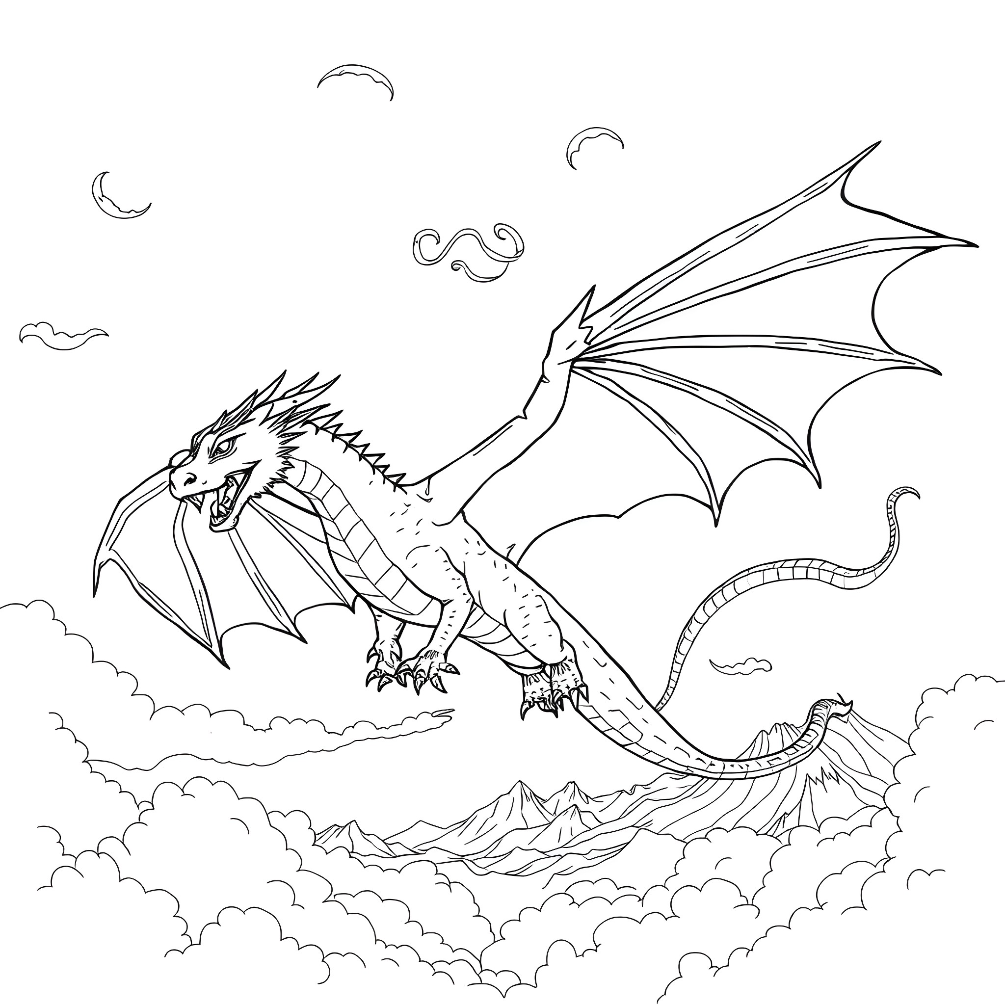 Dragon soaring over majestic mountains Coloring Page (free black-and-white line drawing printable PDF for all, from beginners to advanced learners, including children, teens, adults, and seniors)