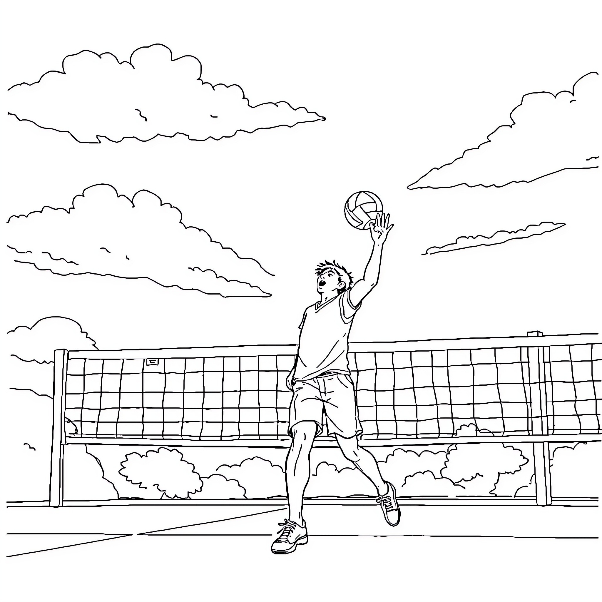 Tanjiro playing volleyball on the court Coloring Page (free black-and-white line drawing printable PDF for all, from beginners to advanced learners, including children, teens, adults, and seniors)