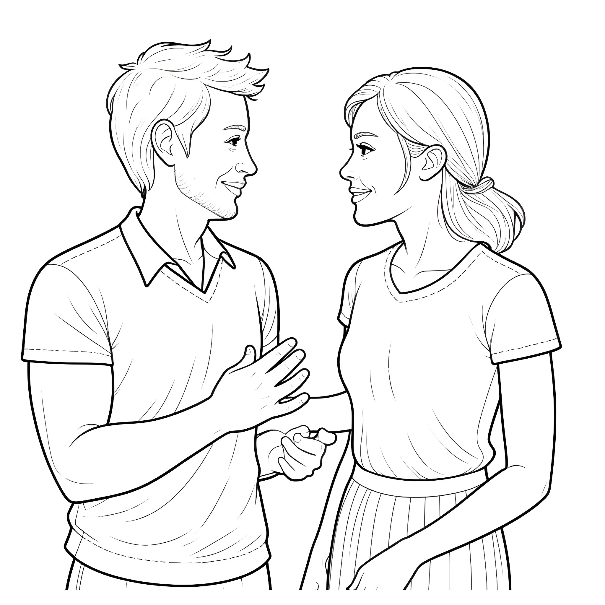 Boy and girl talking happily together Coloring Page (free black-and-white line drawing printable PDF for all, from beginners to advanced learners, including children, teens, adults, and seniors)
