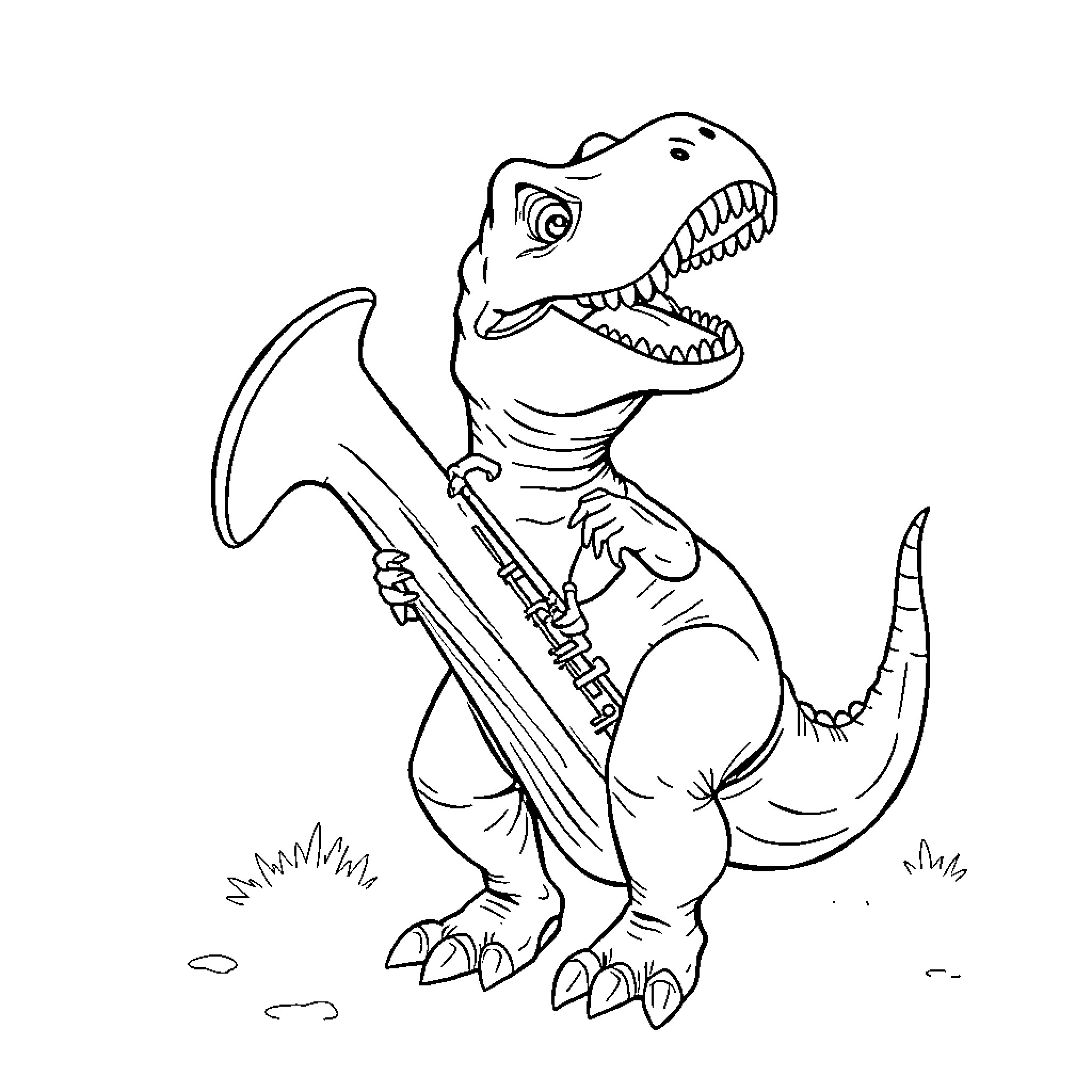 Trex wielding a scythe in a grassy field Coloring Page (free black-and-white line drawing printable PDF for all, from beginners to advanced learners, including children, teens, adults, and seniors)