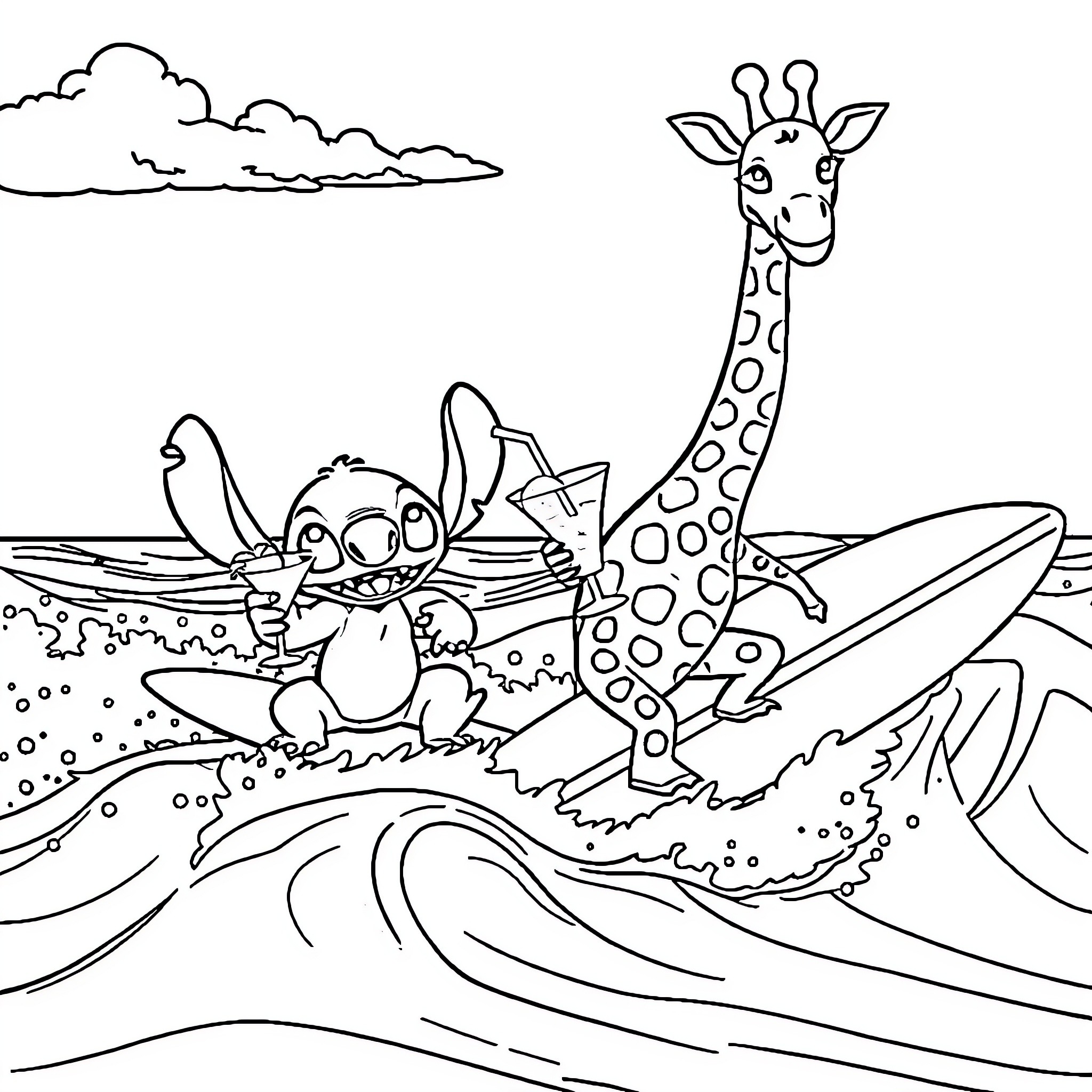 Lilo and friends surf and explore the ocean Coloring Page (free black-and-white line drawing printable PDF for all, from beginners to advanced learners, including children, teens, adults, and seniors)