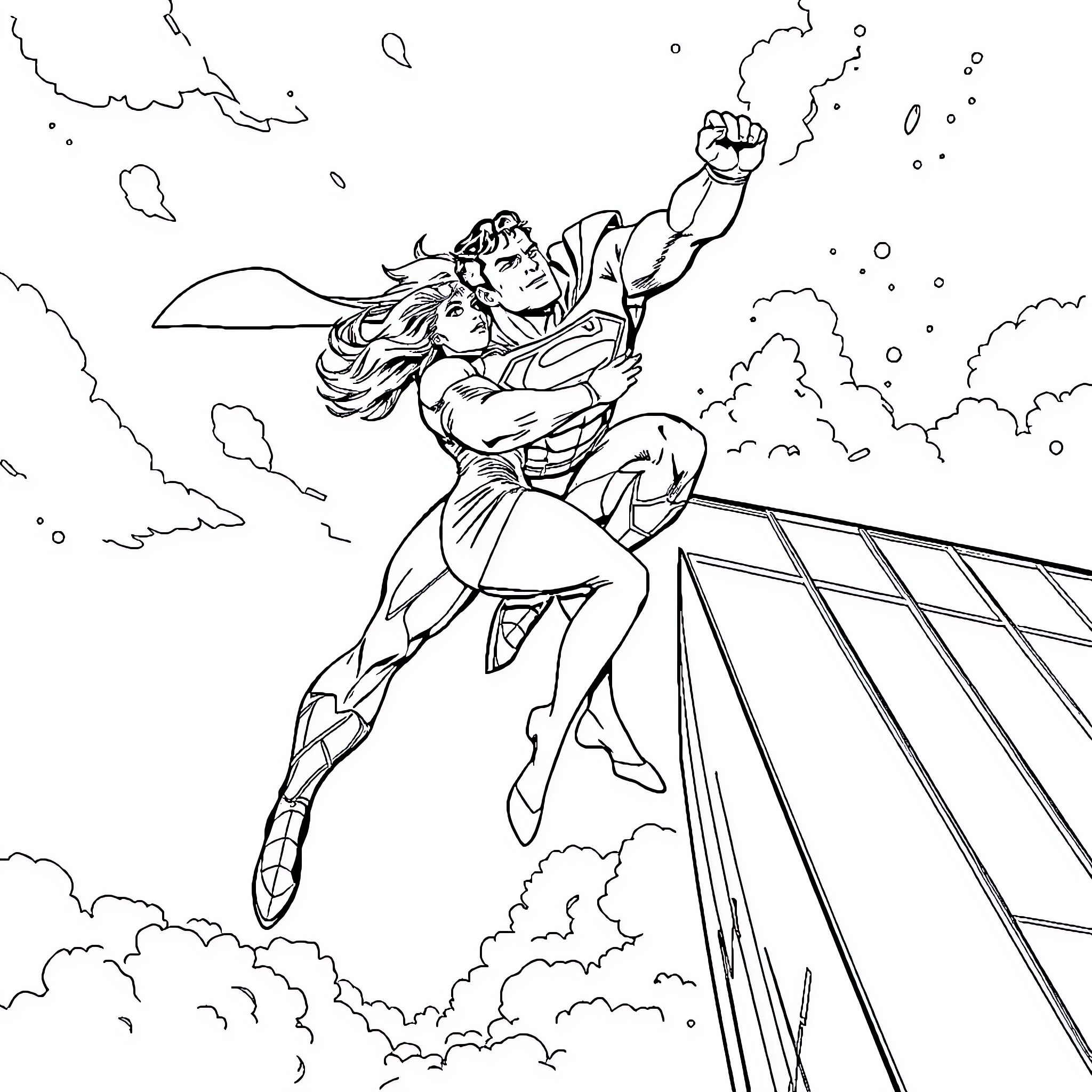 Superman soaring through the sky with determination Coloring Page (free black-and-white line drawing printable PDF for all, from beginners to advanced learners, including children, teens, adults, and seniors)