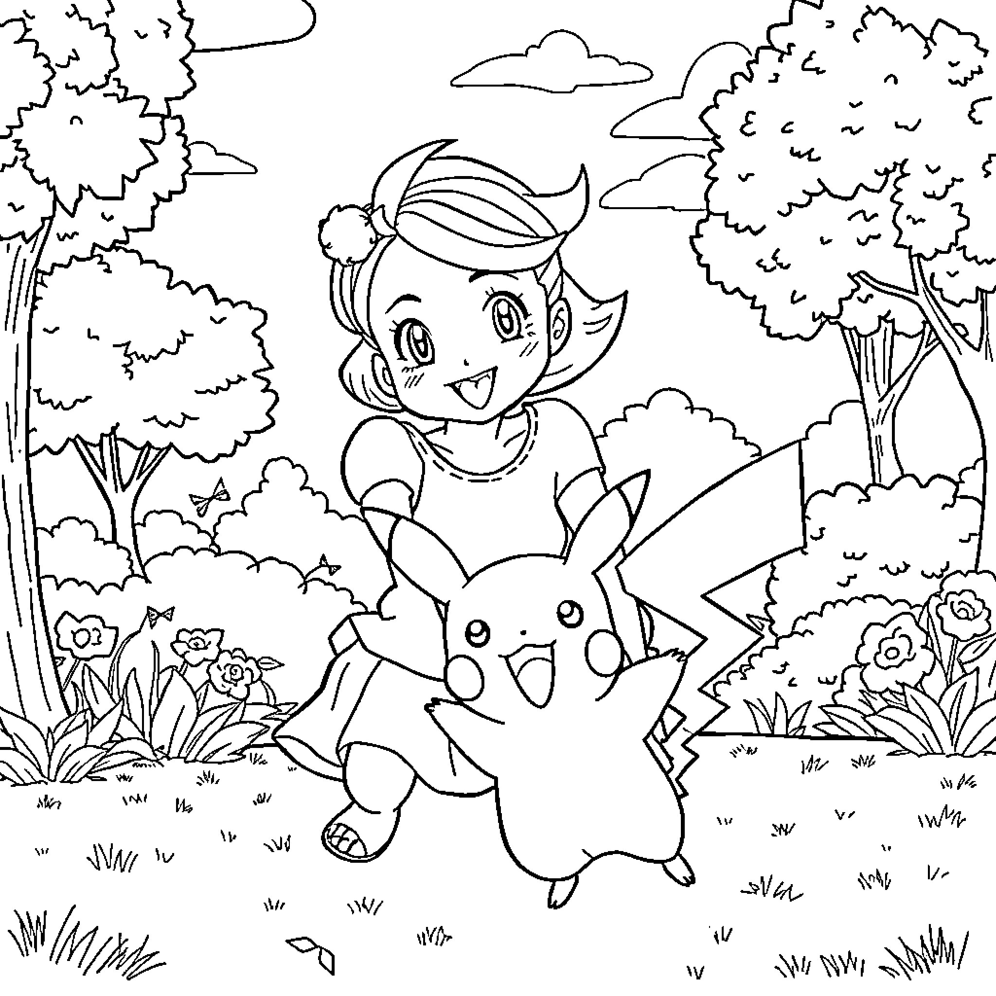 Ruby Bridges exploring nature with a Pikachu companion Coloring Page (free black-and-white line drawing printable PDF for all, from beginners to advanced learners, including children, teens, adults, and seniors)