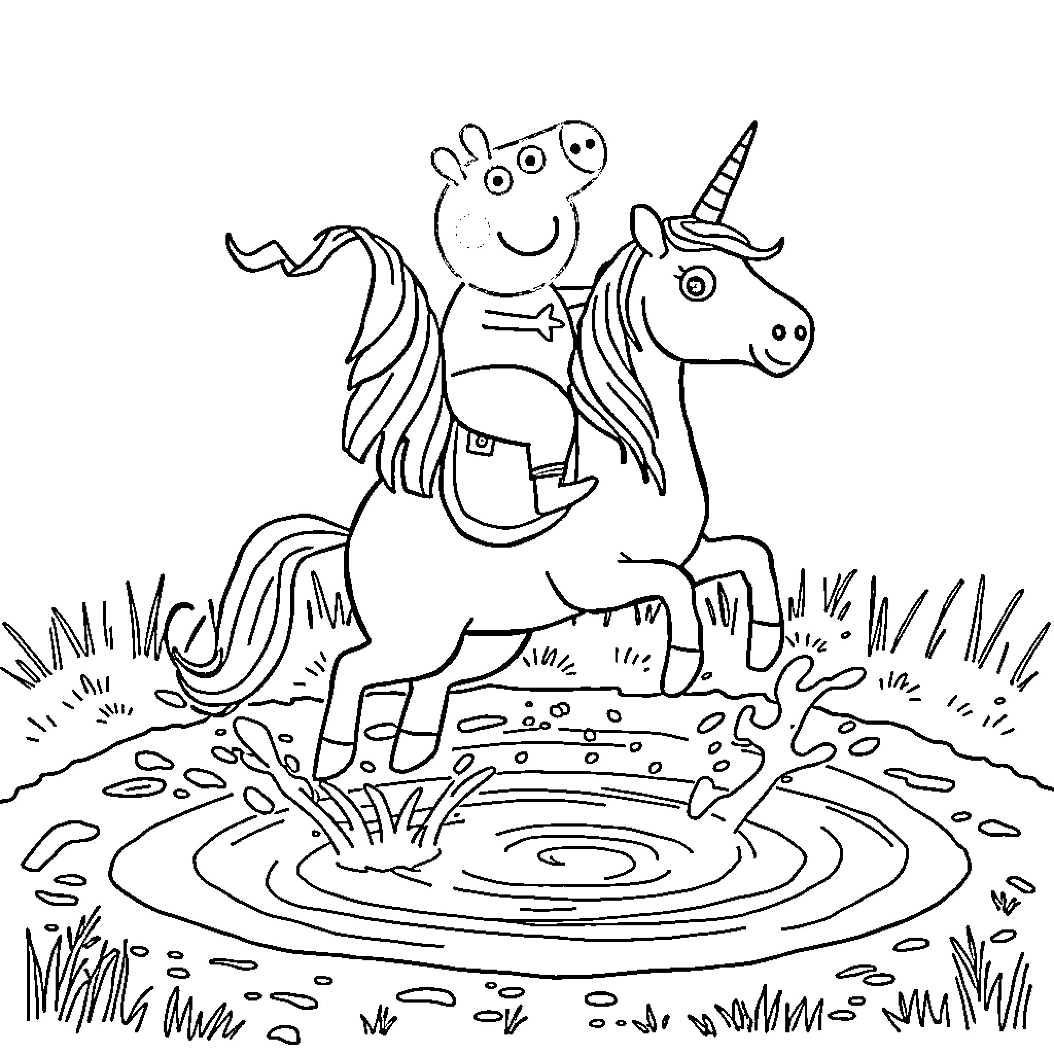 Peppa Pig riding a unicorn through a magical meadow Coloring Page (free black-and-white line drawing printable PDF for all, from beginners to advanced learners, including children, teens, adults, and seniors)