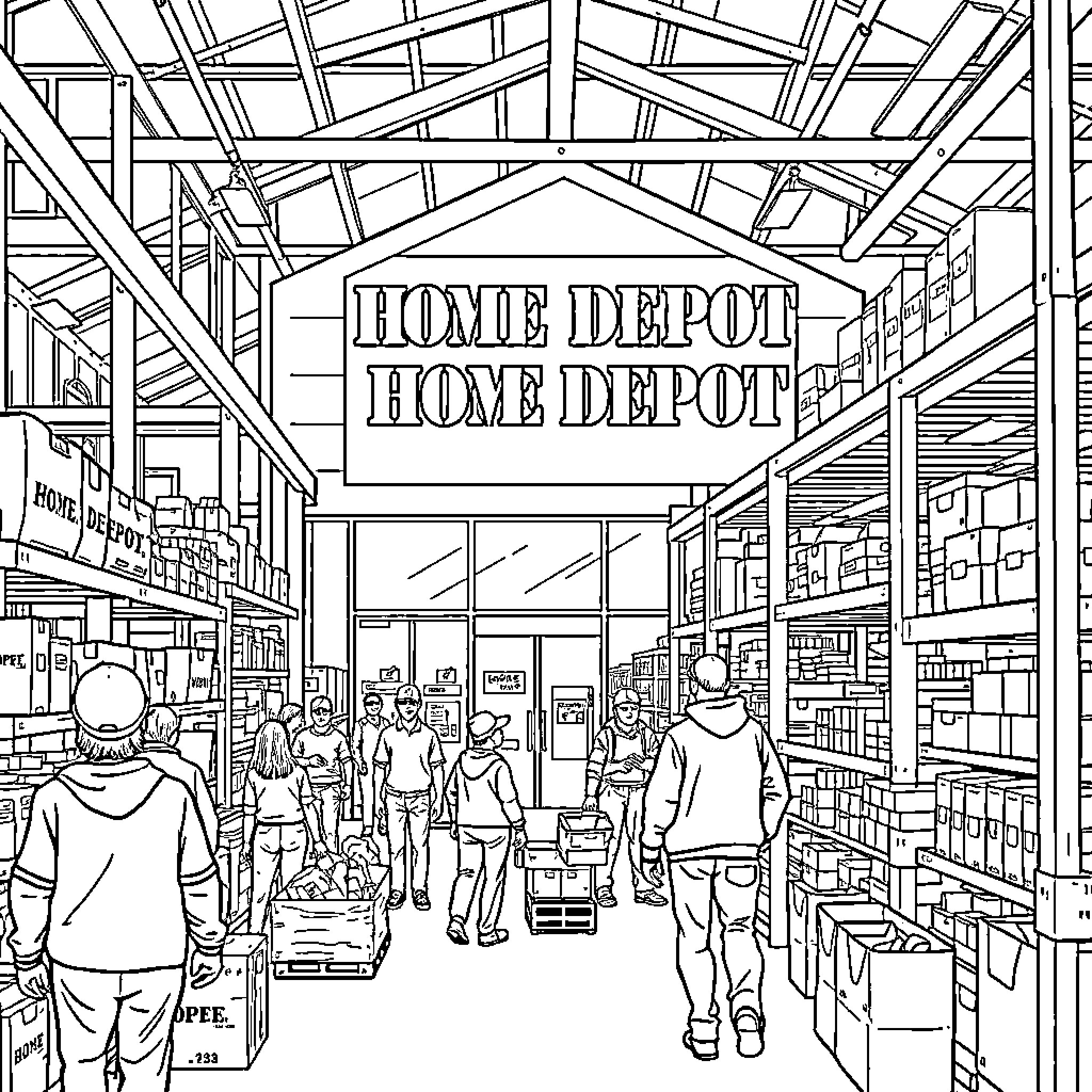 Home Depot Interior with Shoppers and Employees Coloring Page (free black-and-white line drawing printable PDF for all, from beginners to advanced learners, including children, teens, adults, and seniors)