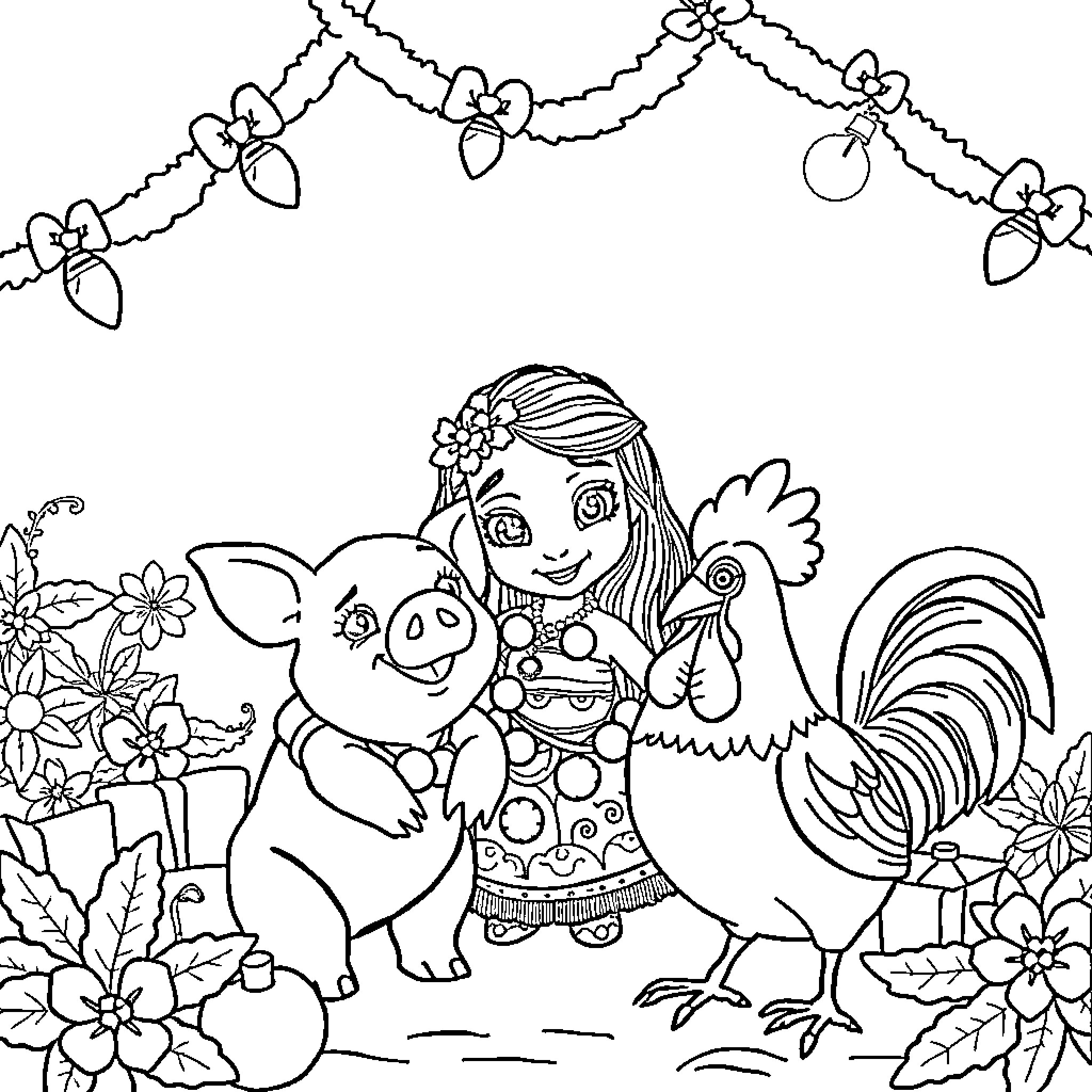 Moana with pig and rooster in floral garden Coloring Page (free black-and-white line drawing printable PDF for all, from beginners to advanced learners, including children, teens, adults, and seniors)