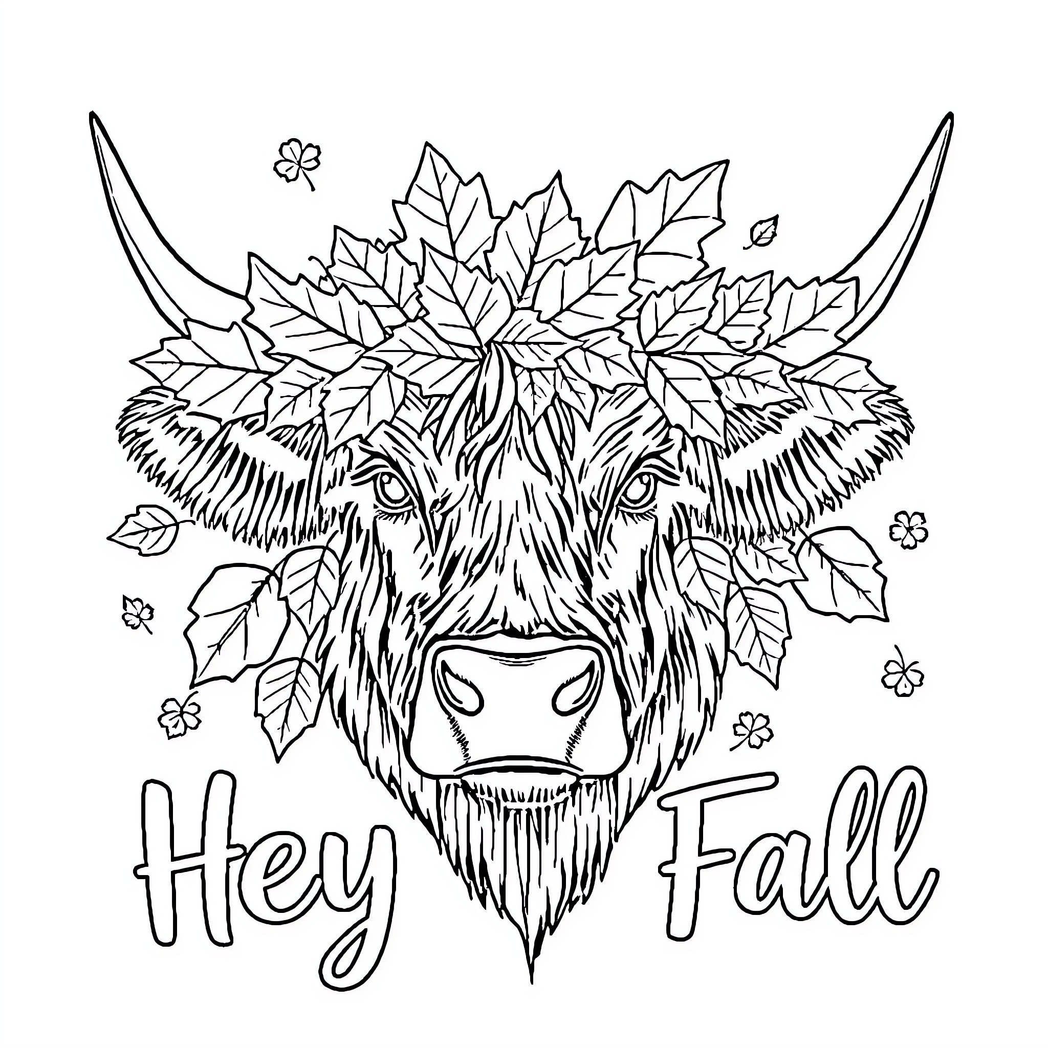 Highland Cow Adorned with Autumn Foliage Coloring Page (free black-and-white line drawing printable PDF for all, from beginners to advanced learners, including children, teens, adults, and seniors)