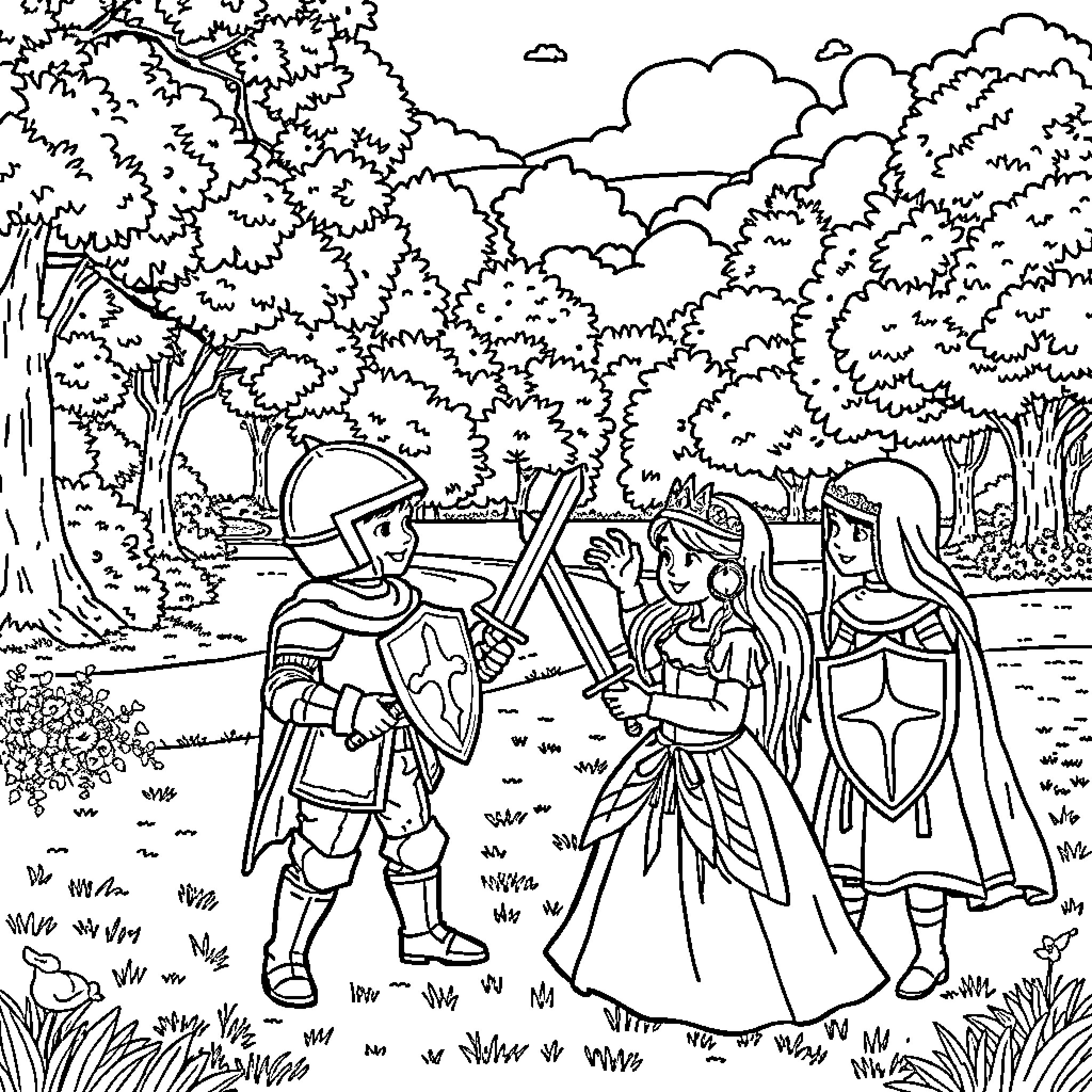 Child knights in training exploring the forest Coloring Page (free black-and-white line drawing printable PDF for all, from beginners to advanced learners, including children, teens, adults, and seniors)