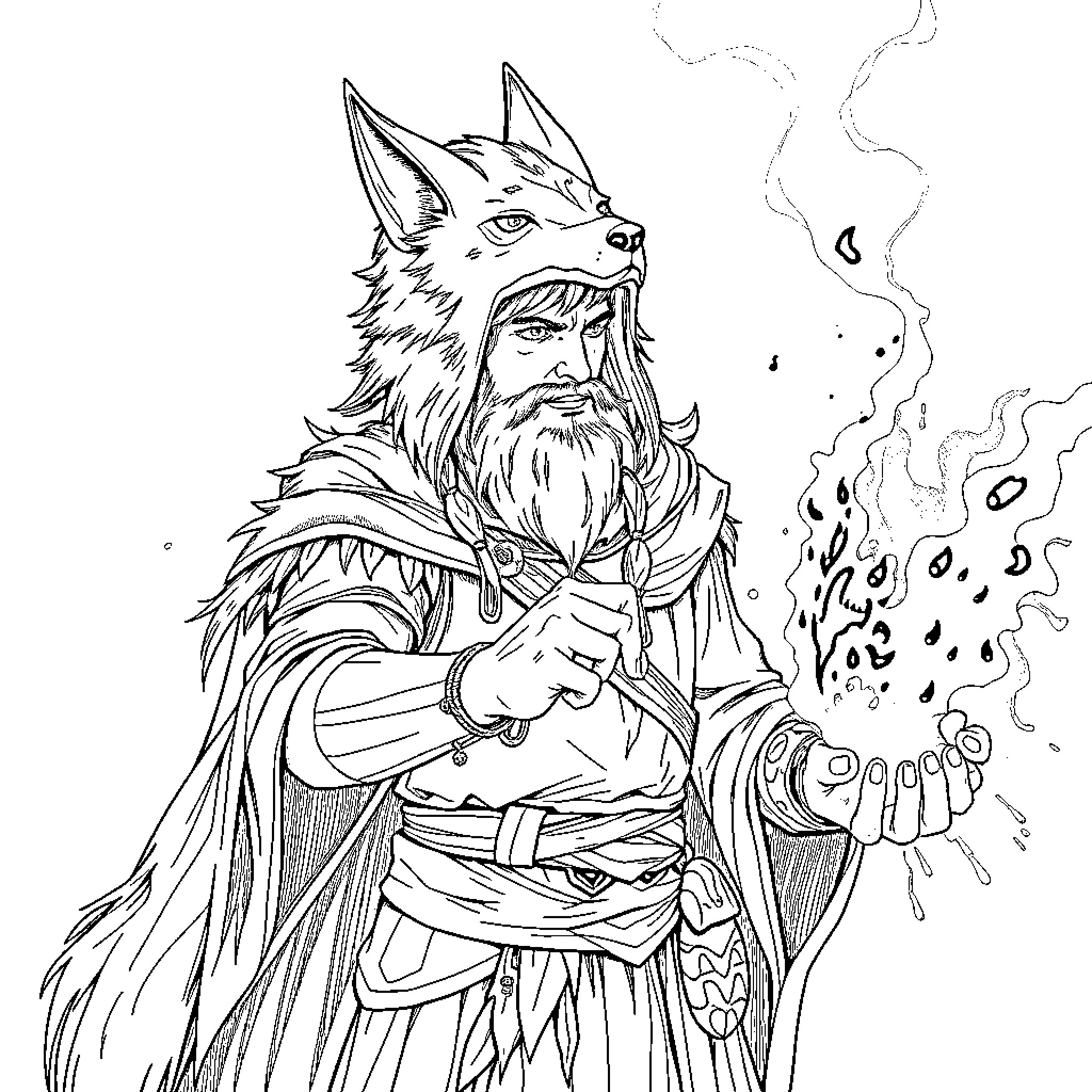 Wizard conjuring magical forces with wolf-like creature Coloring Page (free black-and-white line drawing printable PDF for all, from beginners to advanced learners, including children, teens, adults, and seniors)