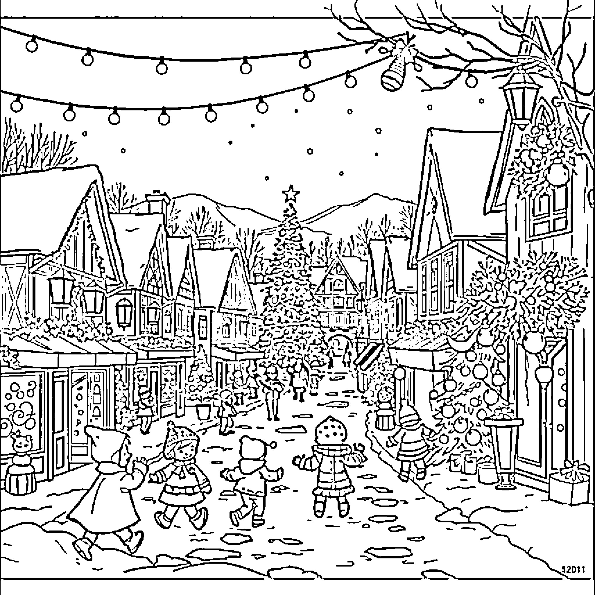 Christmas Town Celebration with Festive Decorations Coloring Page (free black-and-white line drawing printable PDF for all, from beginners to advanced learners, including children, teens, adults, and seniors)