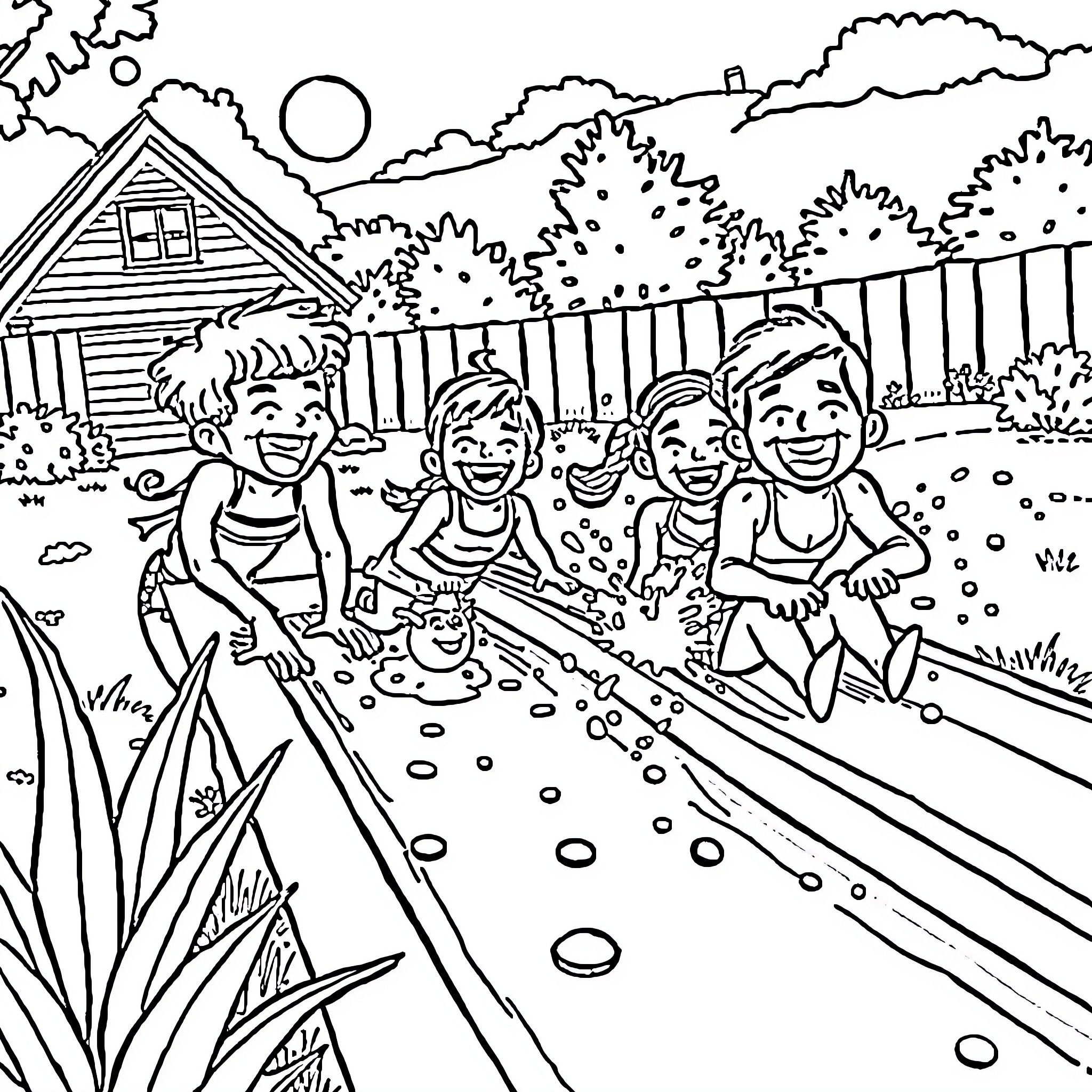 Friends playing happily in the backyard Coloring Page (free black-and-white line drawing printable PDF for all, from beginners to advanced learners, including children, teens, adults, and seniors)