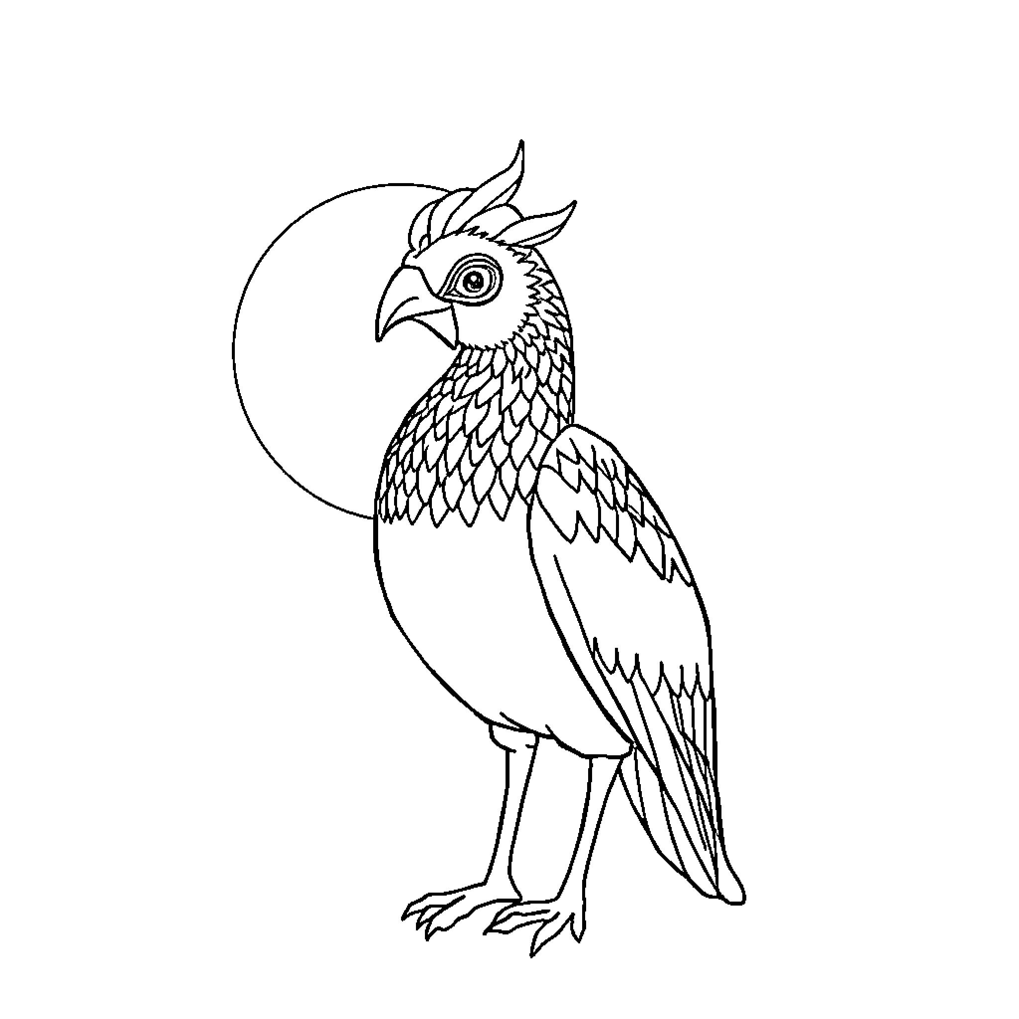 Rabbit-like bird perched in moonlight Coloring Page (free black-and-white line drawing printable PDF for all, from beginners to advanced learners, including children, teens, adults, and seniors)