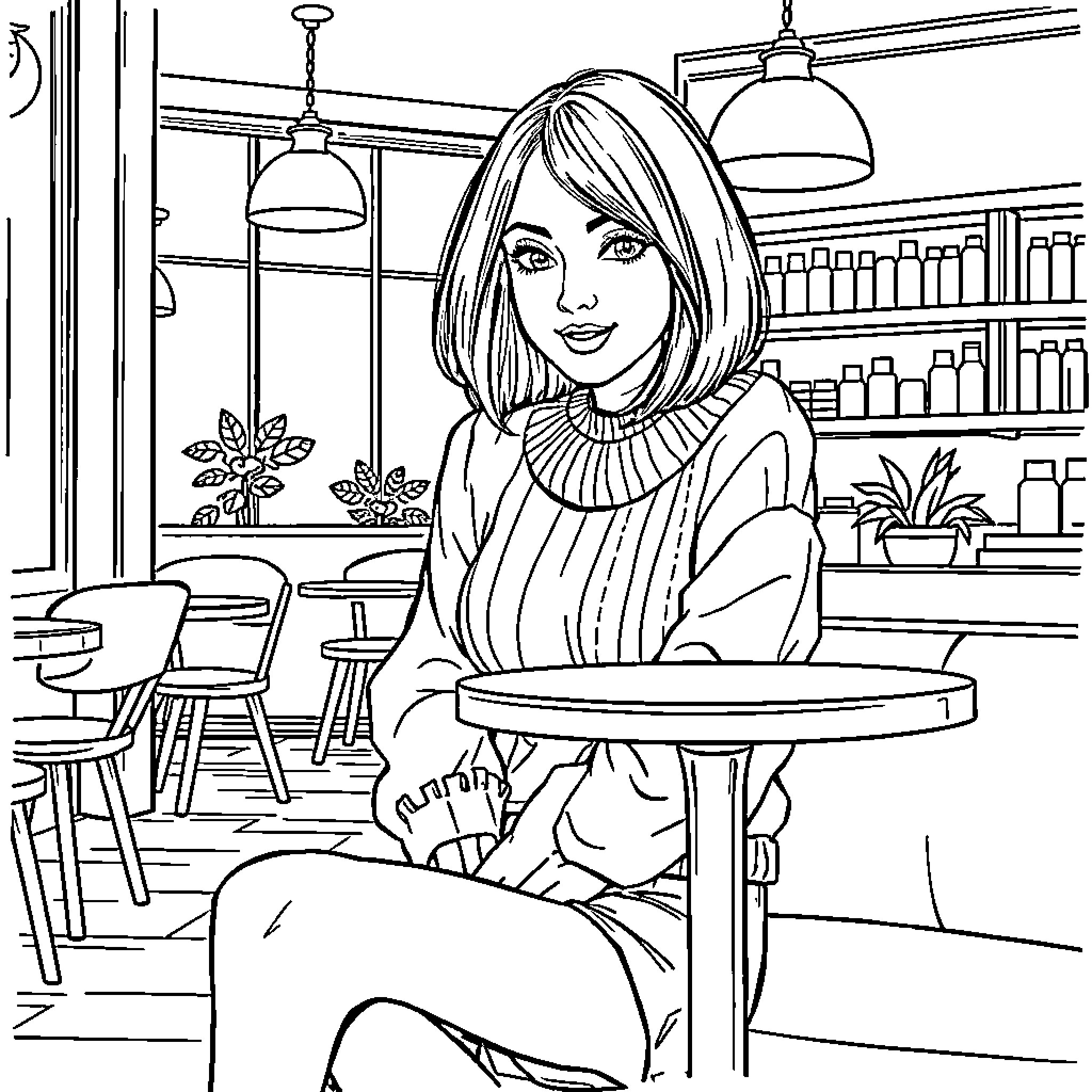 Woman sitting in a cozy cafe Coloring Page (free black-and-white line drawing printable PDF for all, from beginners to advanced learners, including children, teens, adults, and seniors)