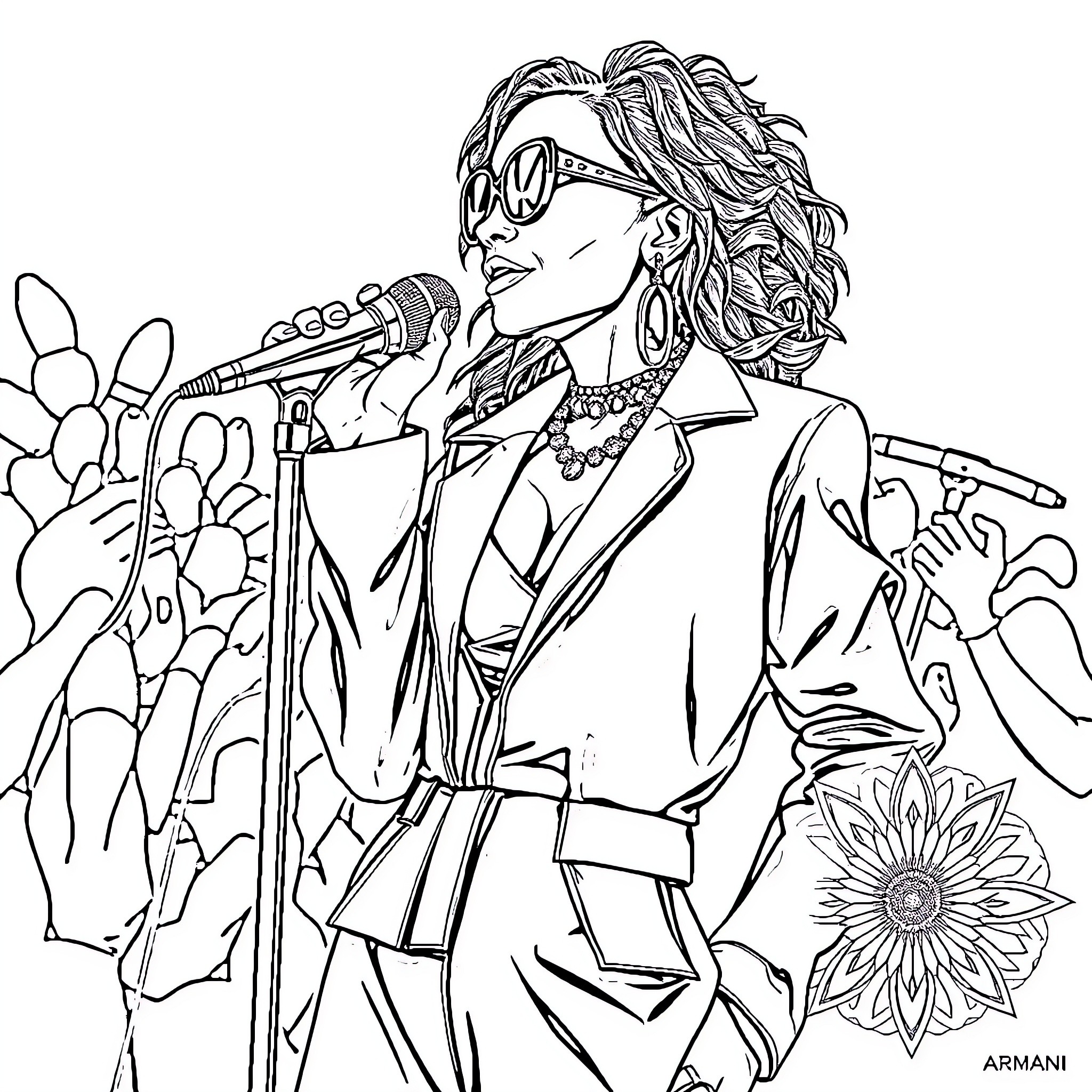 Armani: Elegant Singer Performing on Stage Coloring Page (free black-and-white line drawing printable PDF for all, from beginners to advanced learners, including children, teens, adults, and seniors)
