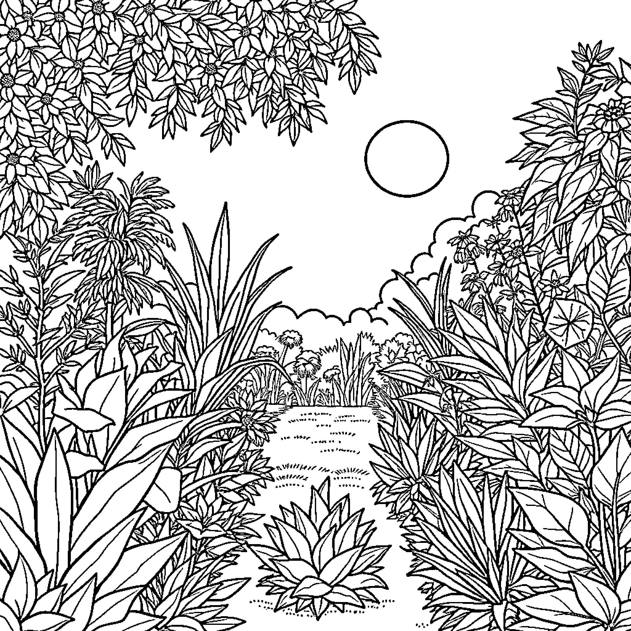 Plant life in a lush garden landscape Coloring Page (free black-and-white line drawing printable PDF for all, from beginners to advanced learners, including children, teens, adults, and seniors)