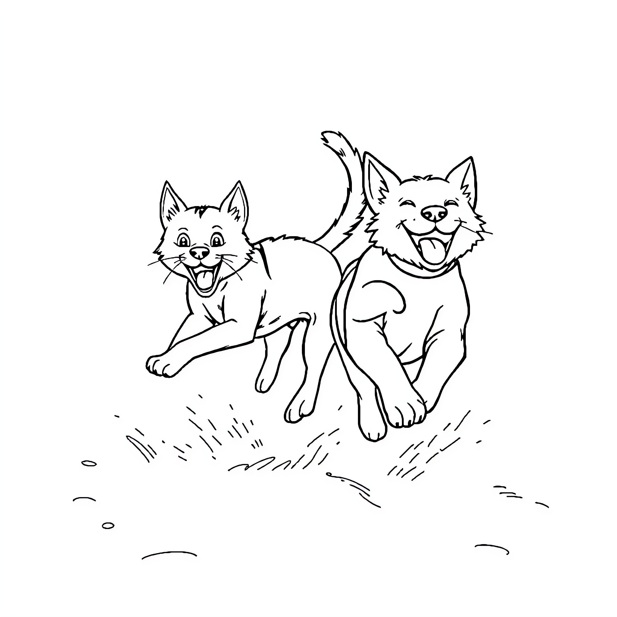 Cat and Dog Playing Joyfully Together Coloring Page (free black-and-white line drawing printable PDF for all, from beginners to advanced learners, including children, teens, adults, and seniors)