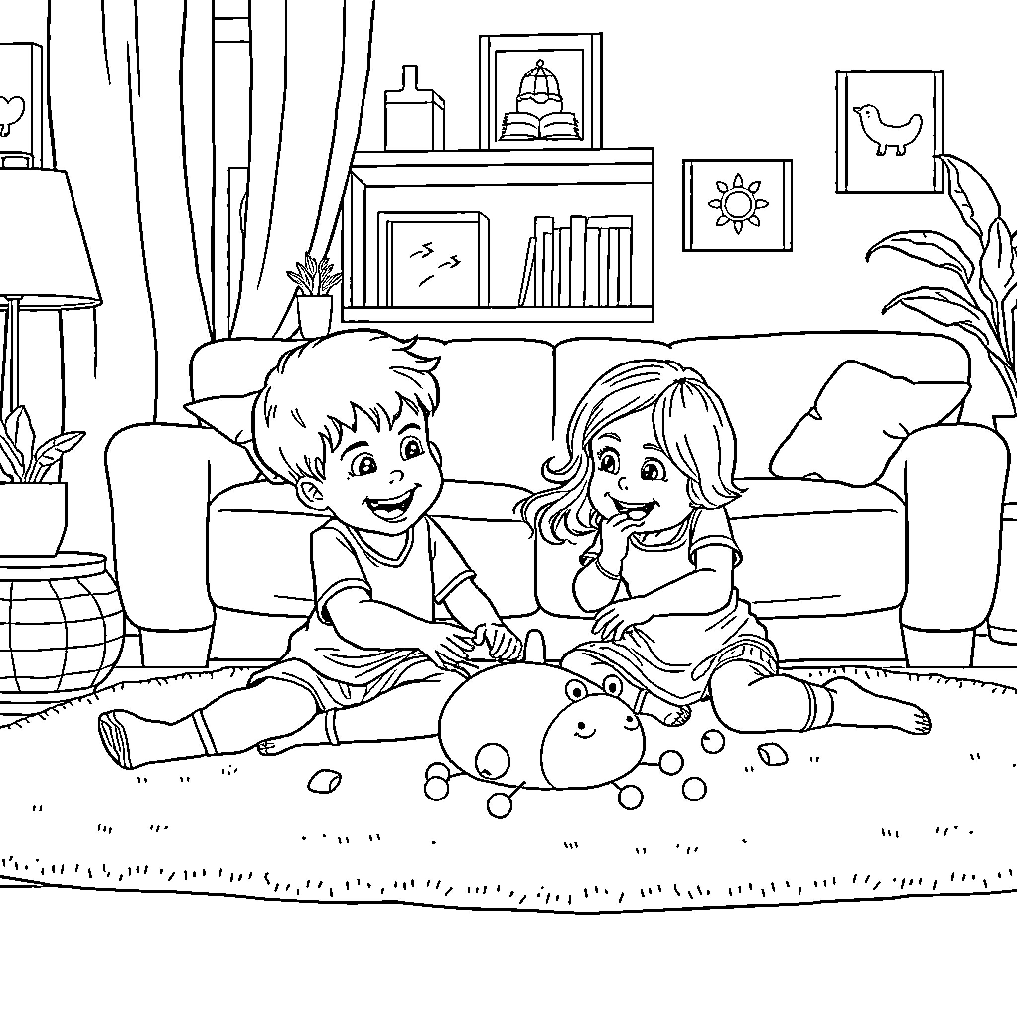 Siblings playing with toys in living room Coloring Page (free black-and-white line drawing printable PDF for all, from beginners to advanced learners, including children, teens, adults, and seniors)
