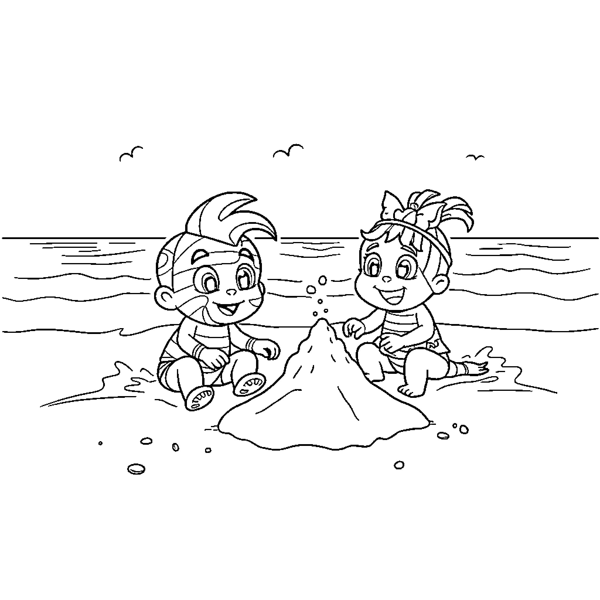 Pandi building sandcastles with friends on the beach Coloring Page (free black-and-white line drawing printable PDF for all, from beginners to advanced learners, including children, teens, adults, and seniors)