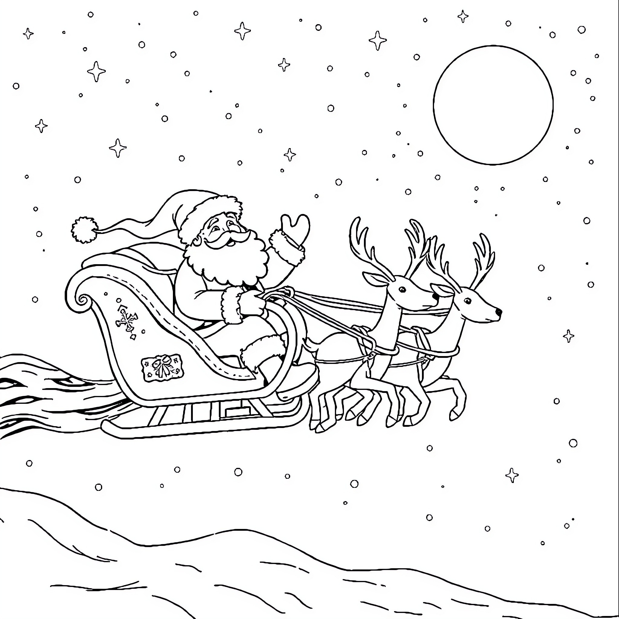 Santa Claus riding a sleigh with reindeer in the night sky Coloring Page (free black-and-white line drawing printable PDF for all, from beginners to advanced learners, including children, teens, adults, and seniors)