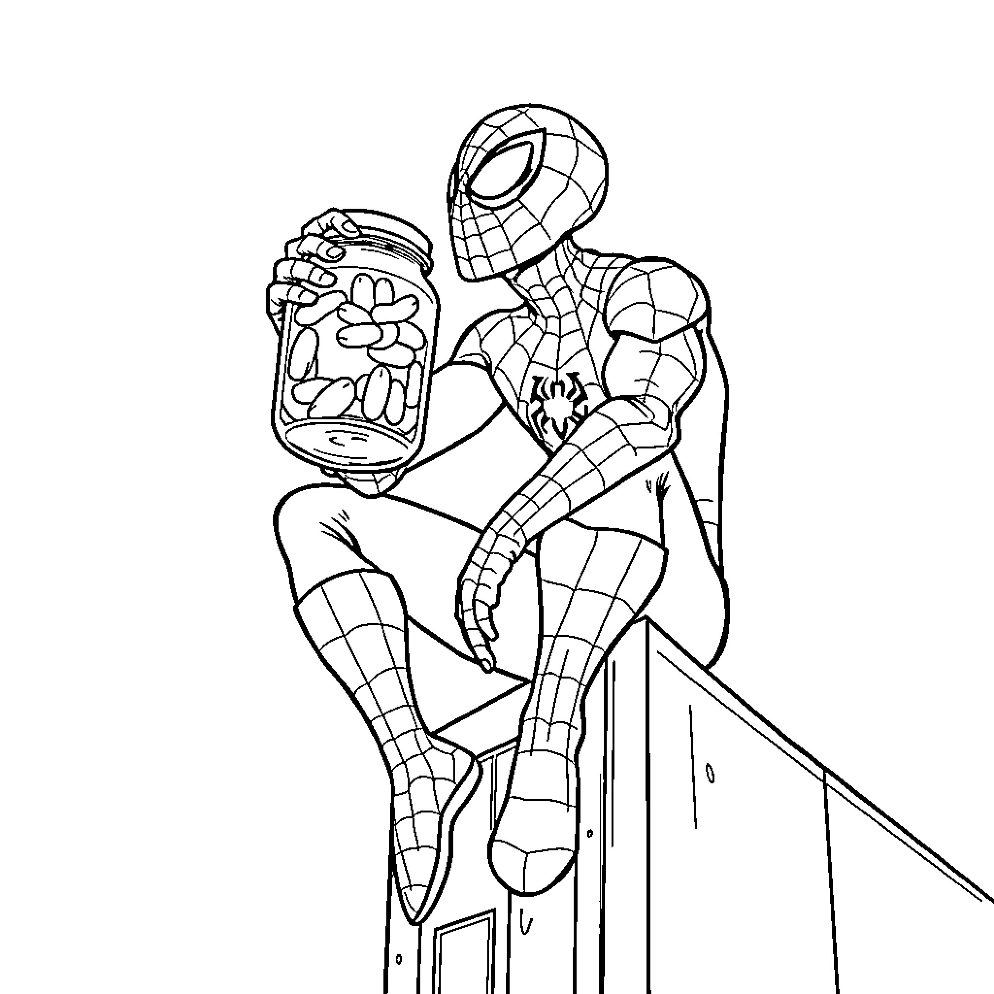 Spiderman capturing criminals with webbing Coloring Page (free black-and-white line drawing printable PDF for all, from beginners to advanced learners, including children, teens, adults, and seniors)