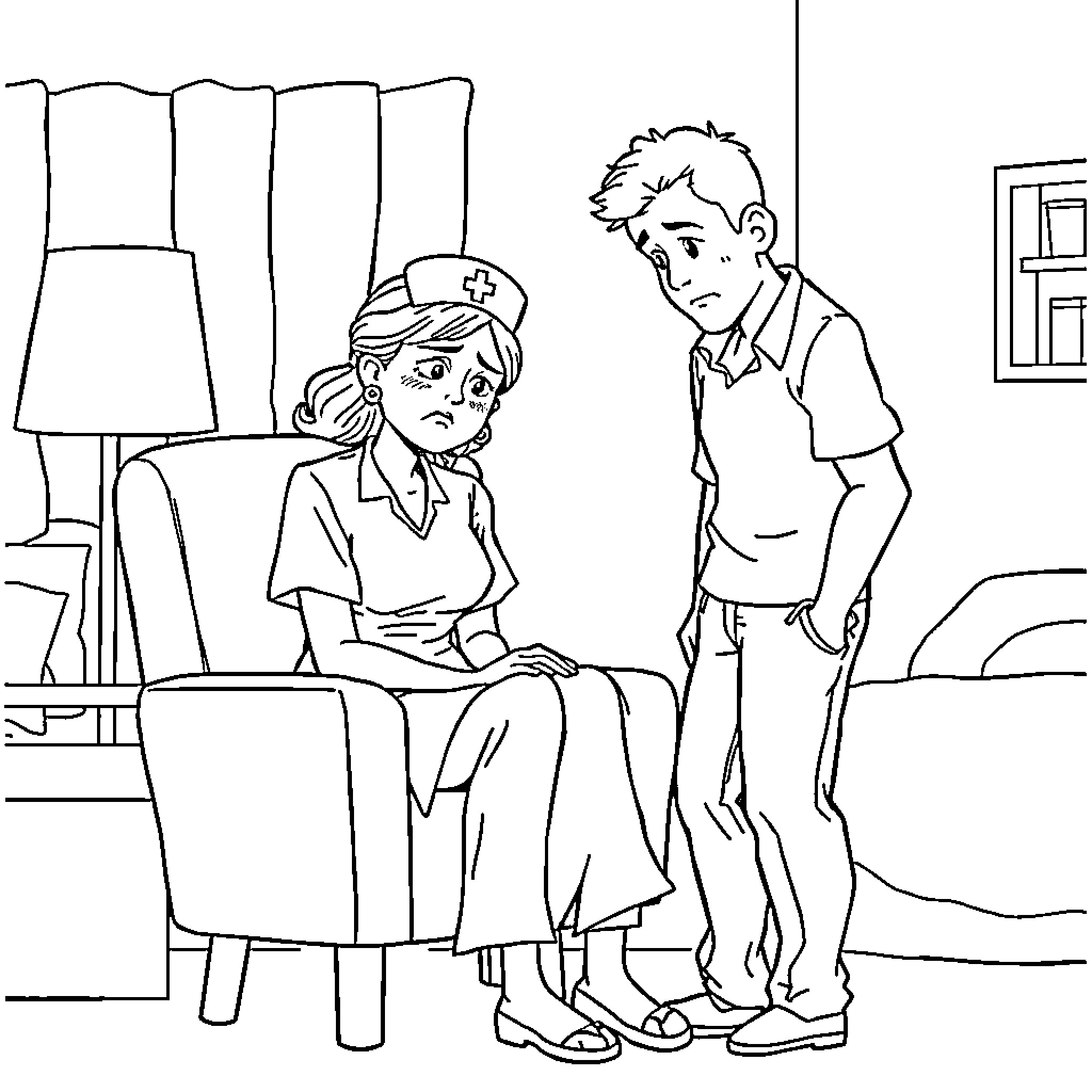 Nurse comforting worried patient in medical setting Coloring Page (free black-and-white line drawing printable PDF for all, from beginners to advanced learners, including children, teens, adults, and seniors)