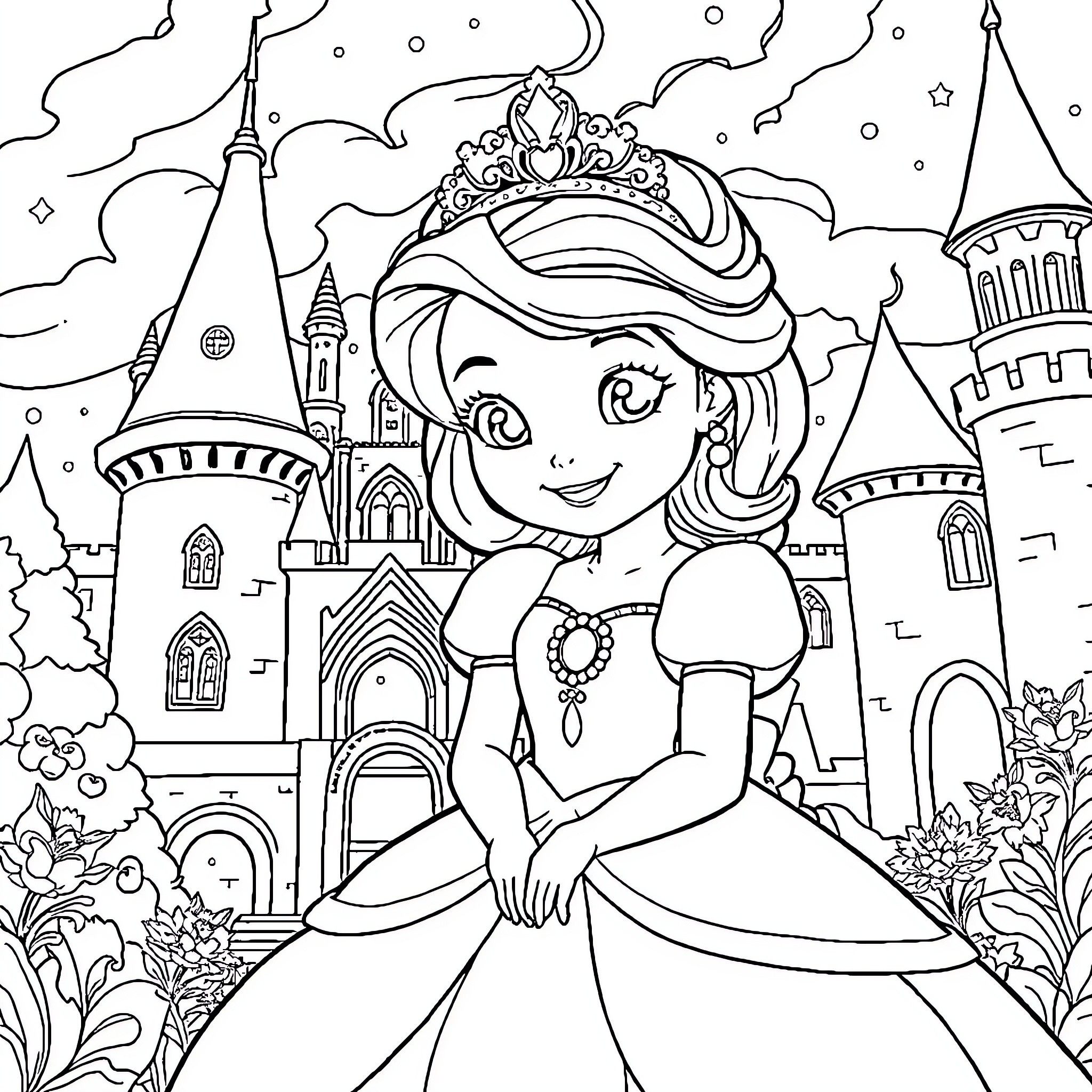 Sofia's Enchanted Castle Adventure Coloring Page (free black-and-white line drawing printable PDF for all, from beginners to advanced learners, including children, teens, adults, and seniors)